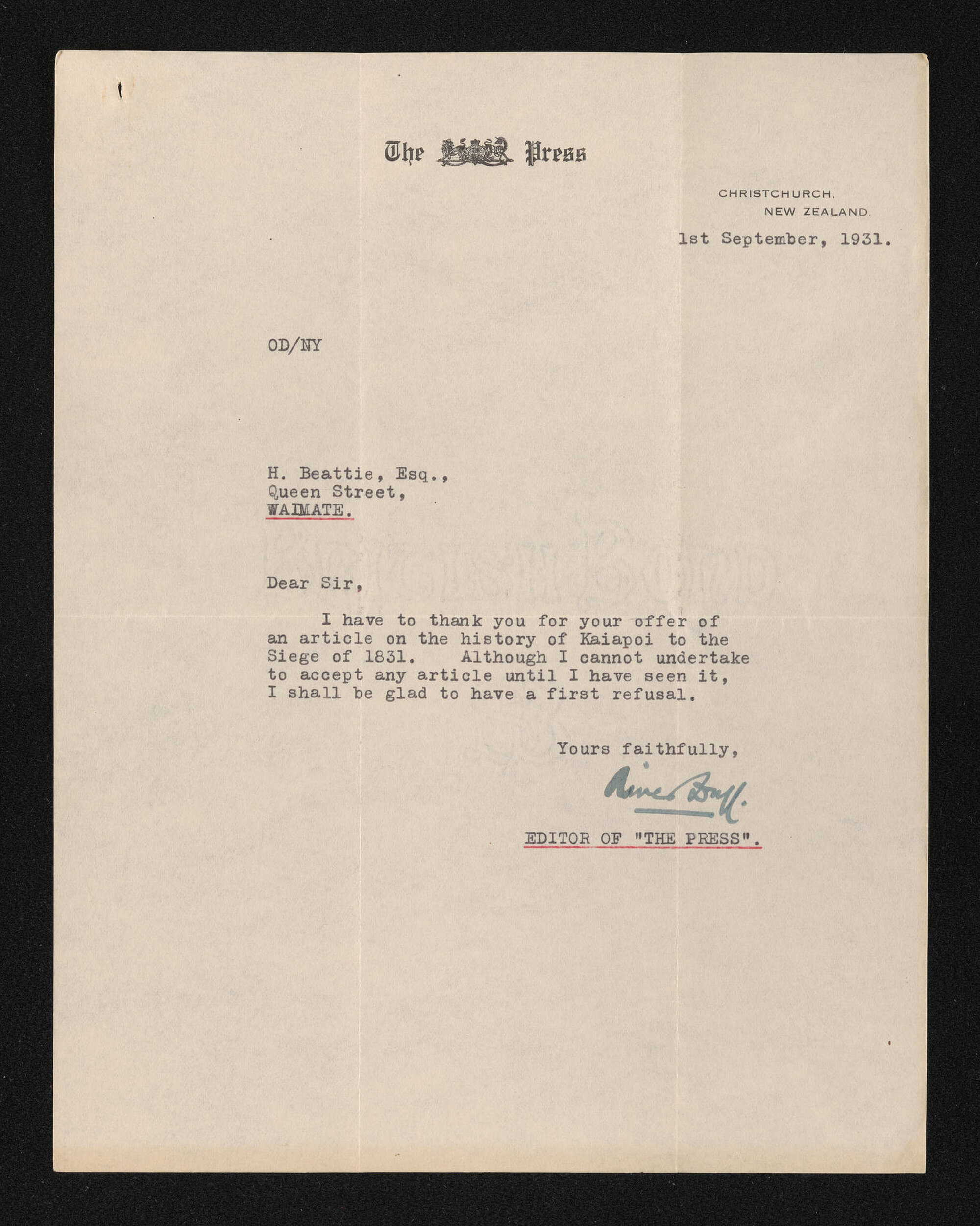 Letter, 1 September 1931, from Oliver Duff, editor of The Press, to Herries Beattie