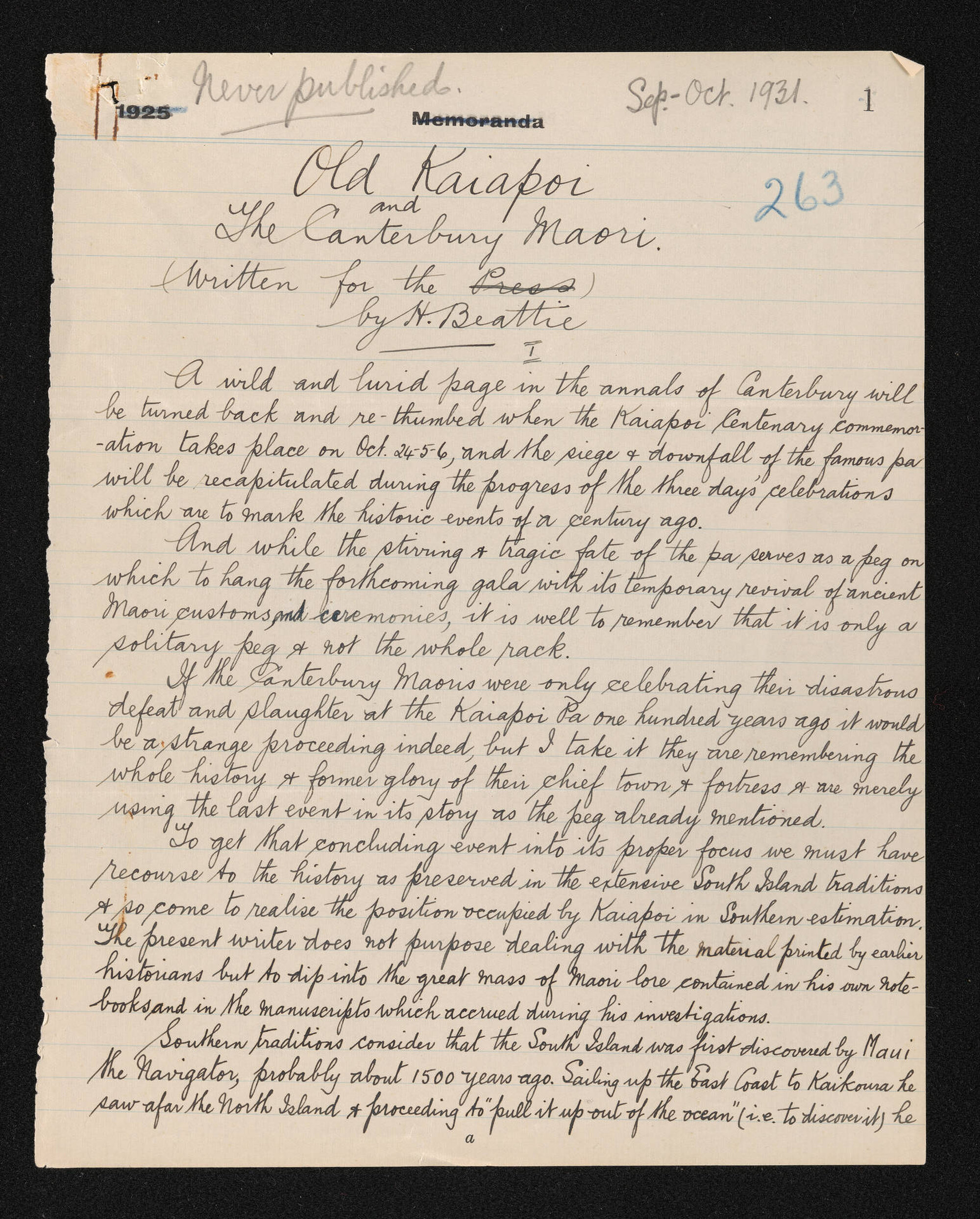 Manuscript entitled, 'Old Kaiapoi and the Canterbury Maori', September-October 1931