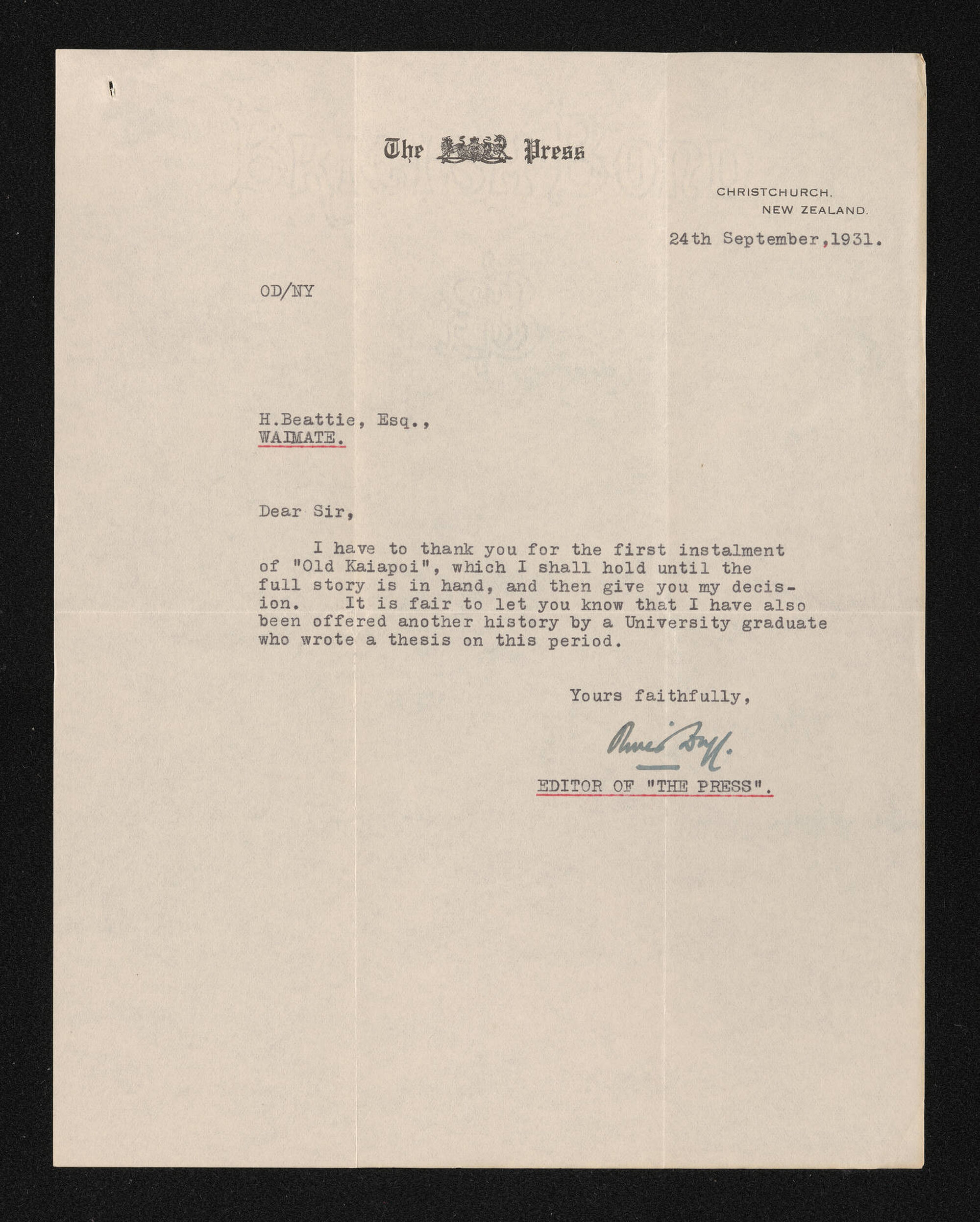 Letter, 24 September 1931, from Oliver Duff, editor of The Press, to Herries Beattie