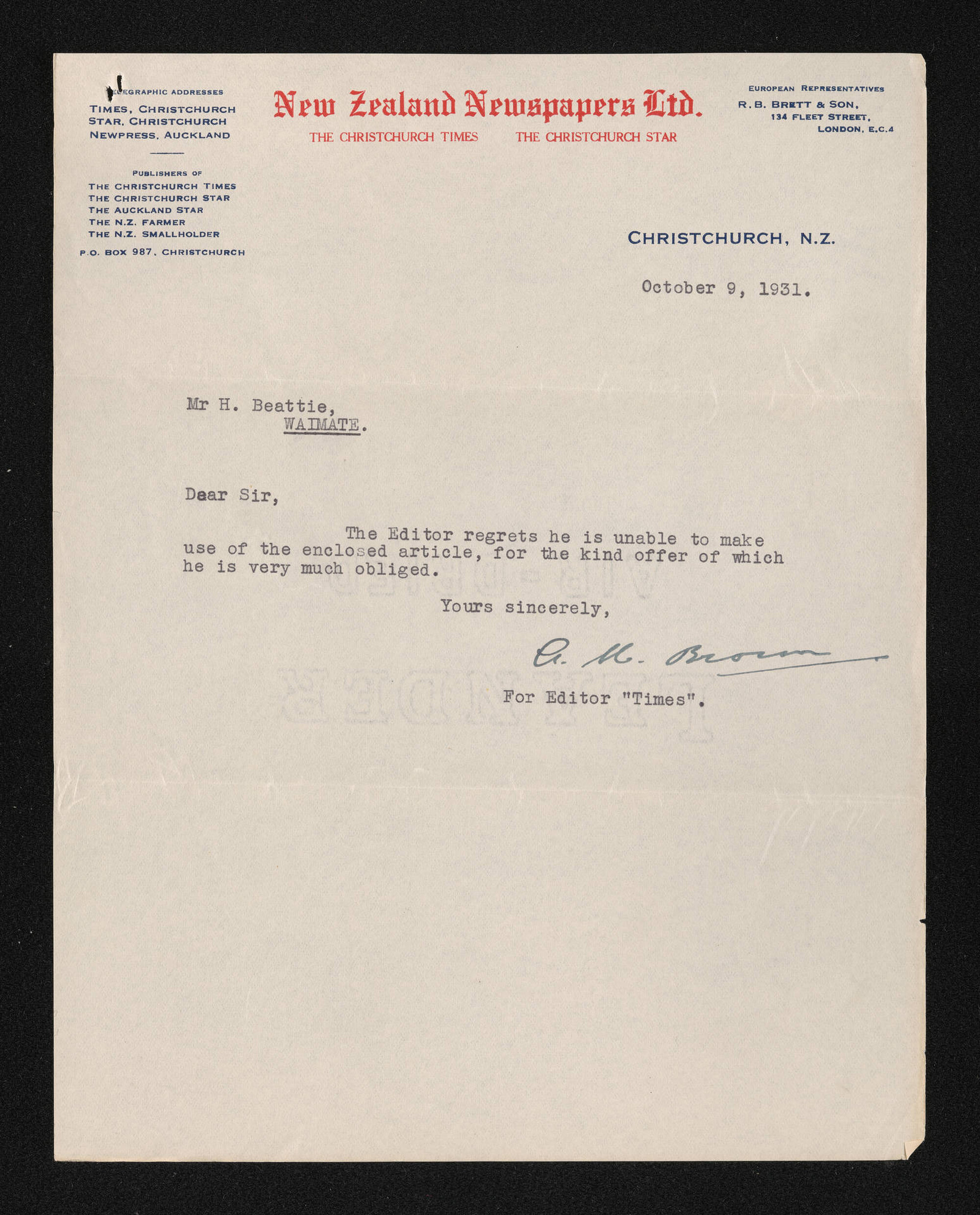 Letter, 9 October 1931, from G.M. Brown, editor of the Times, to Herries Beattie