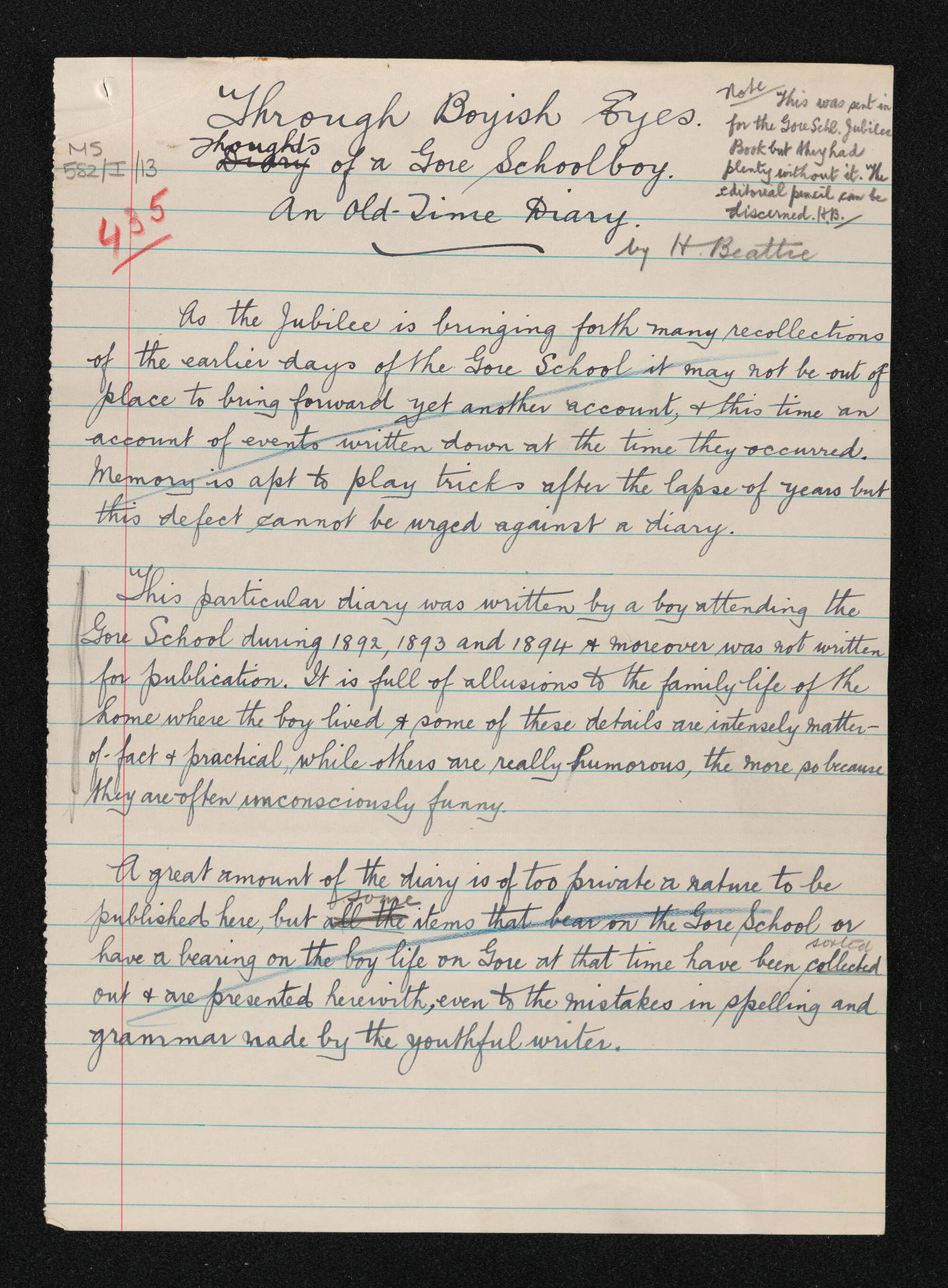 Manuscript entitled, 'Through boyish eyes, thoughts of a Gore schoolboy; An old-time diary'