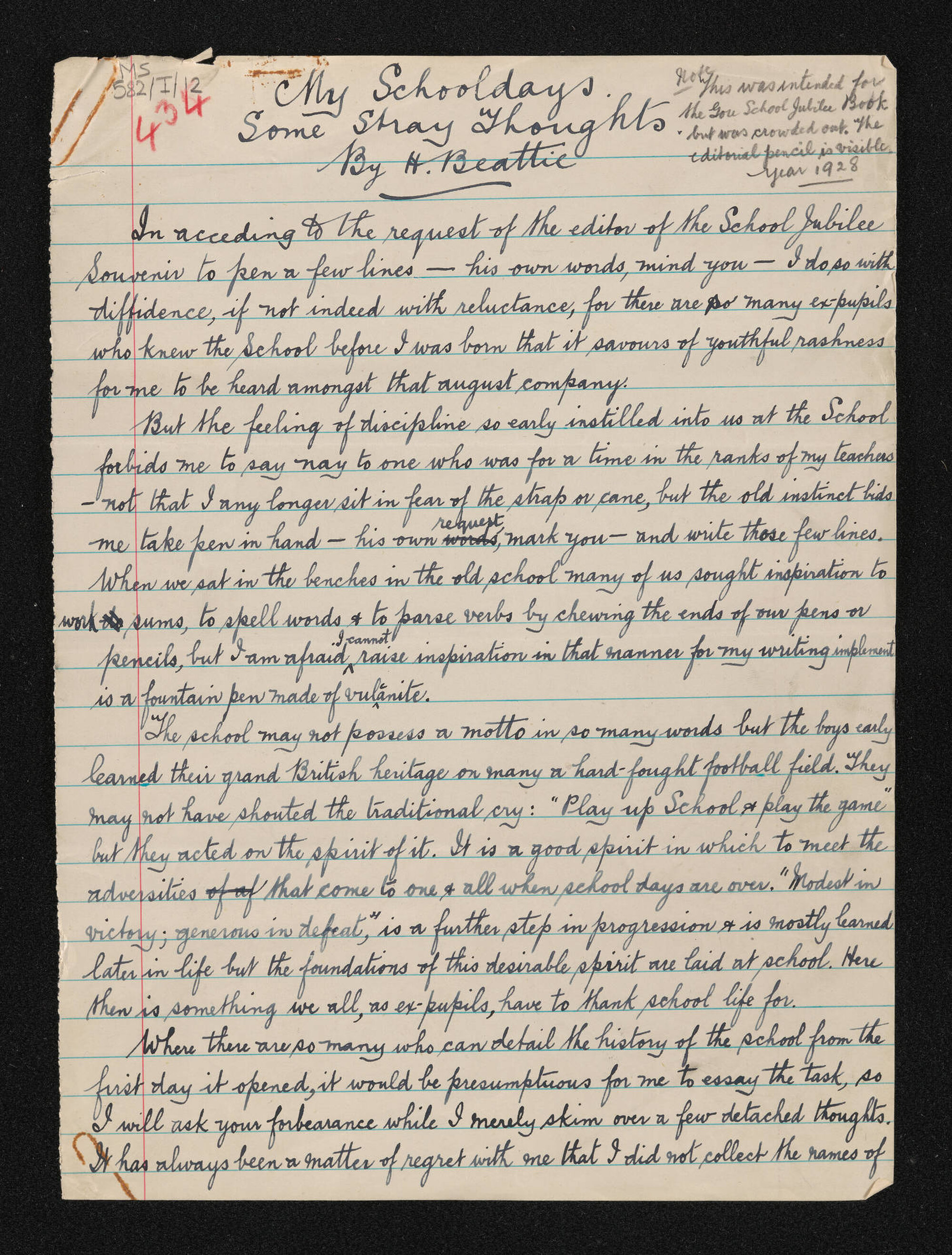 Manuscript entitled, 'My schooldays, some stray thoughts'