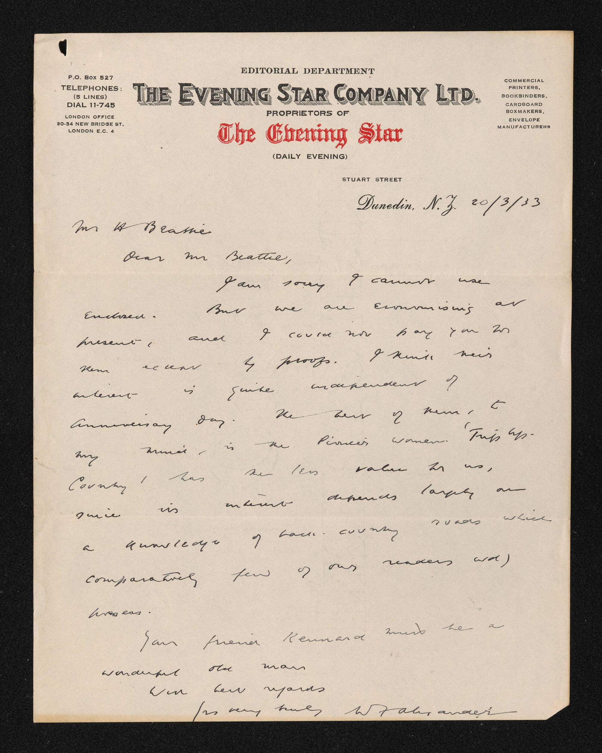Letter, 20 March 1933, from W.F. Alexander, editor of the Evening Star, to Herries Beattie