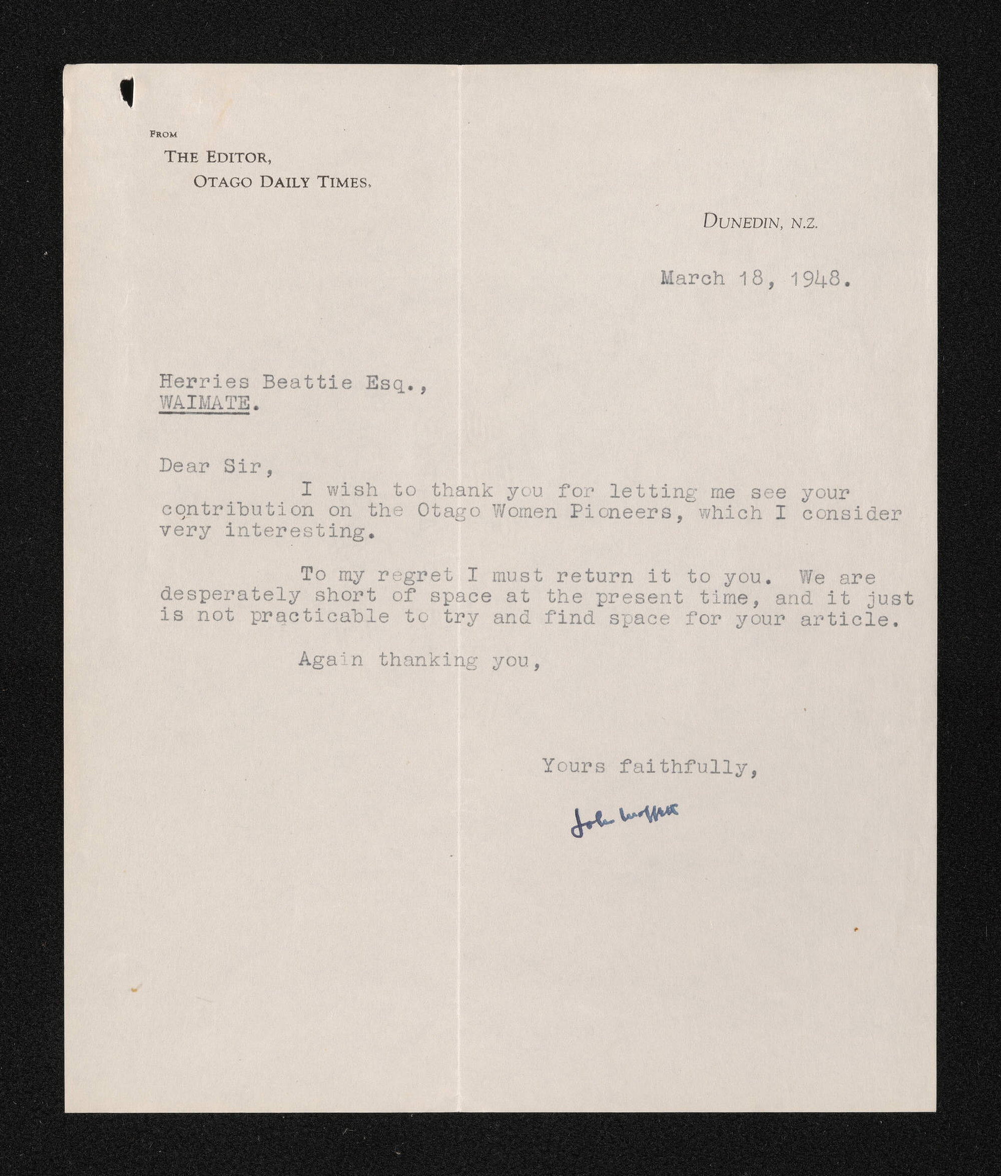 Letter, 18 March 1948, from John Moffett, to Herries Beattie