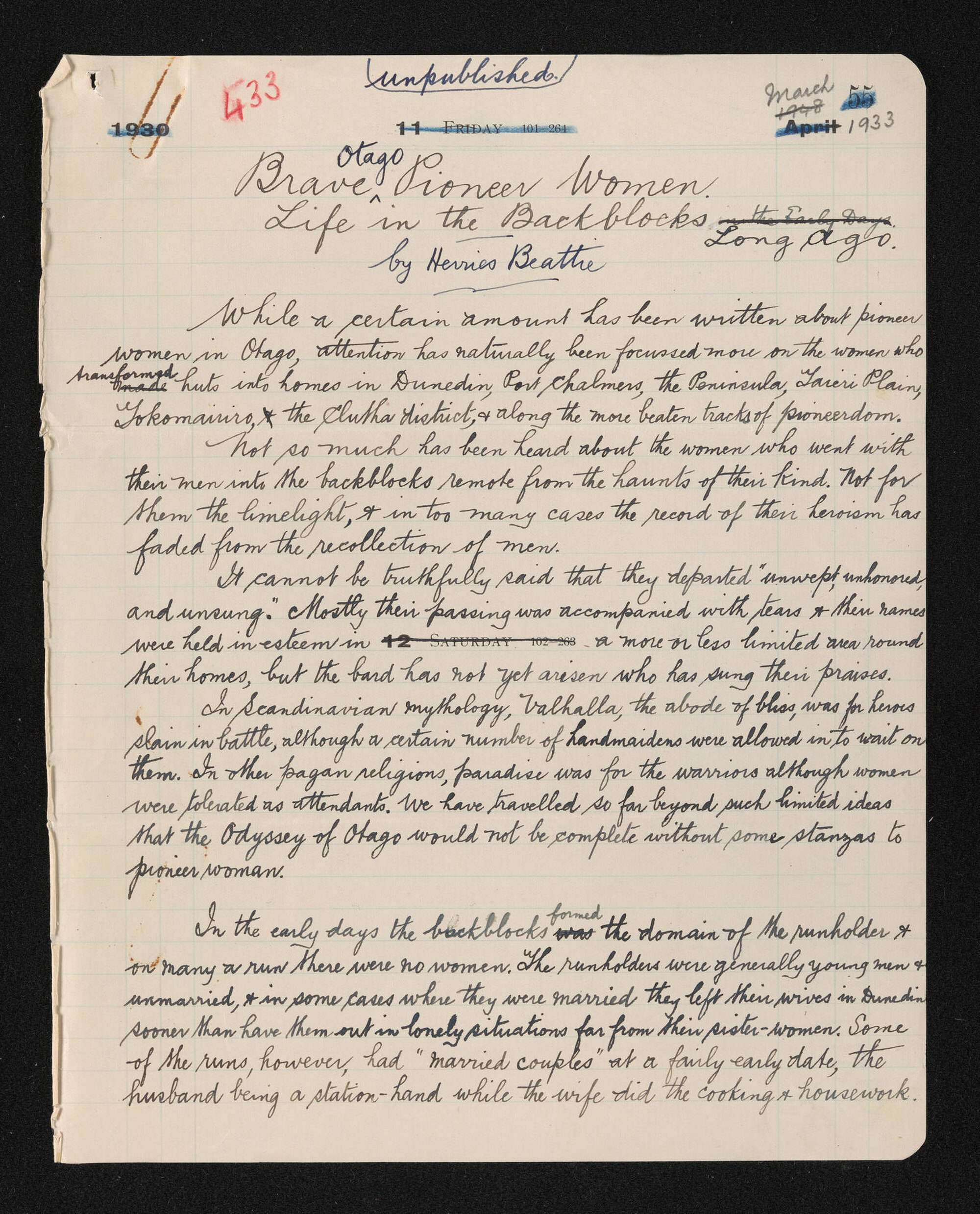 Manuscript entitled, 'Brave Otago pioneer women, life in the back blocks long ago'