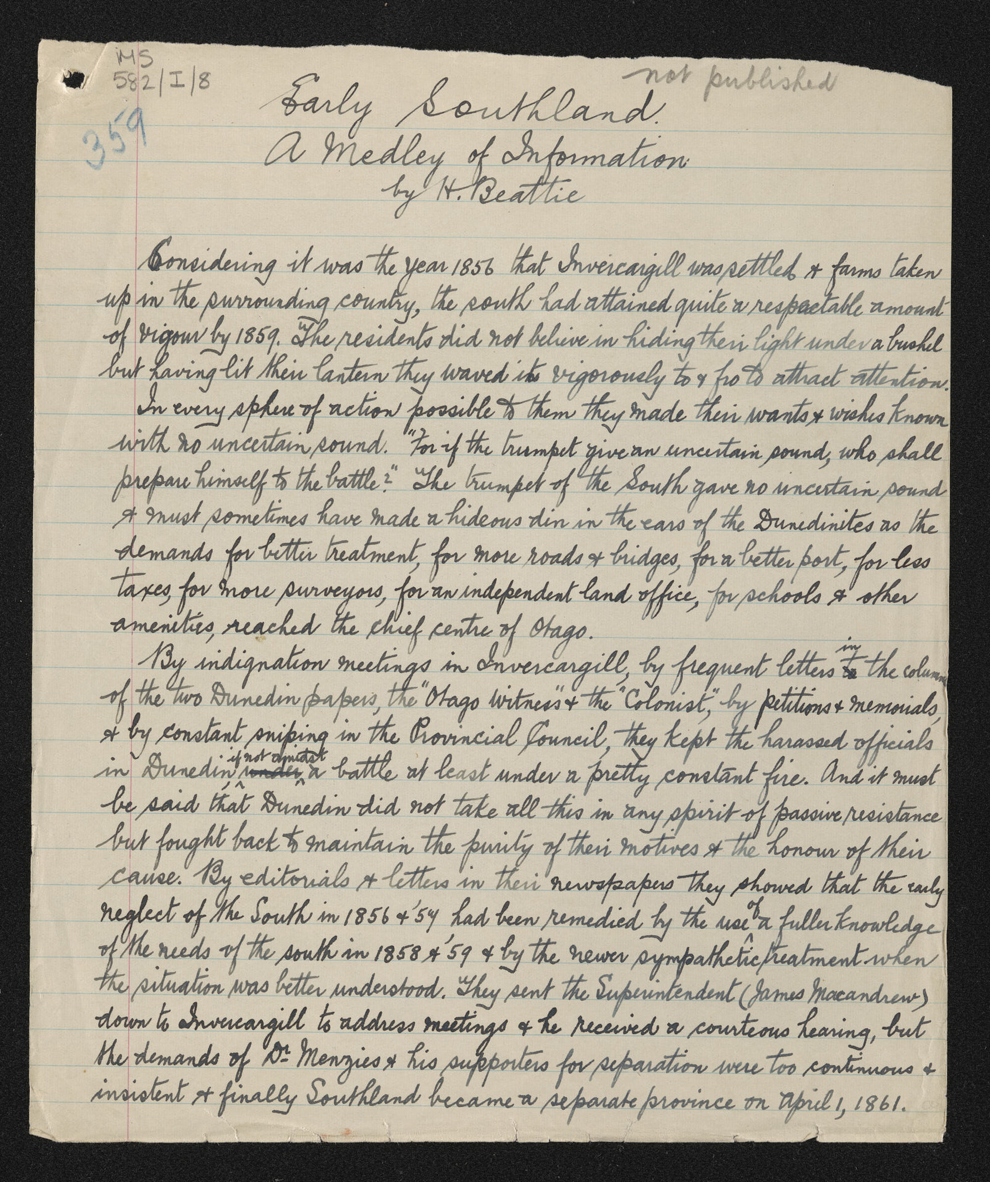 Manuscript entitled 'Early Southland, a medley of information'