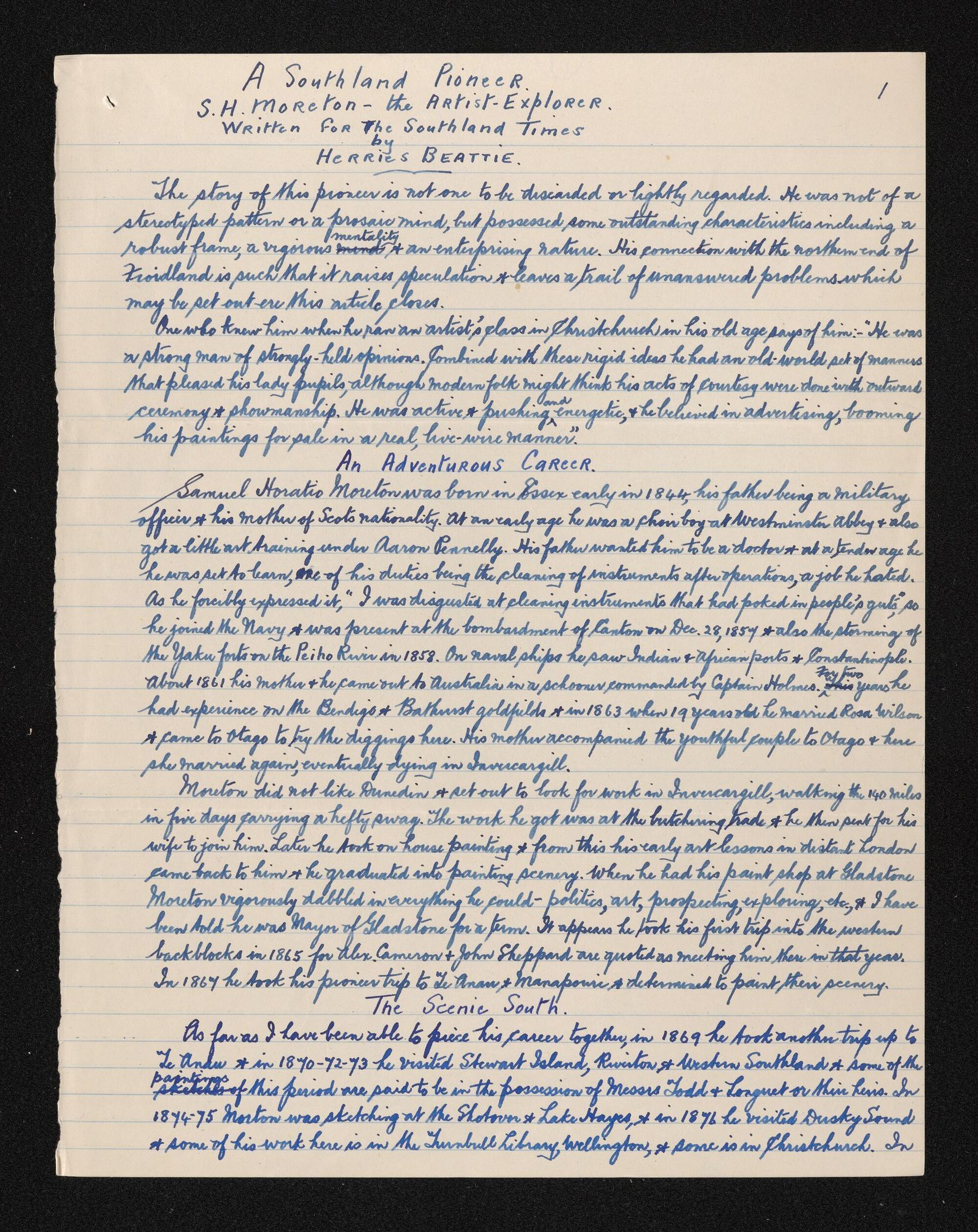 Manuscript entitled 'A Southland Pioneer - S.H. Moreton : the artist-explorer'
