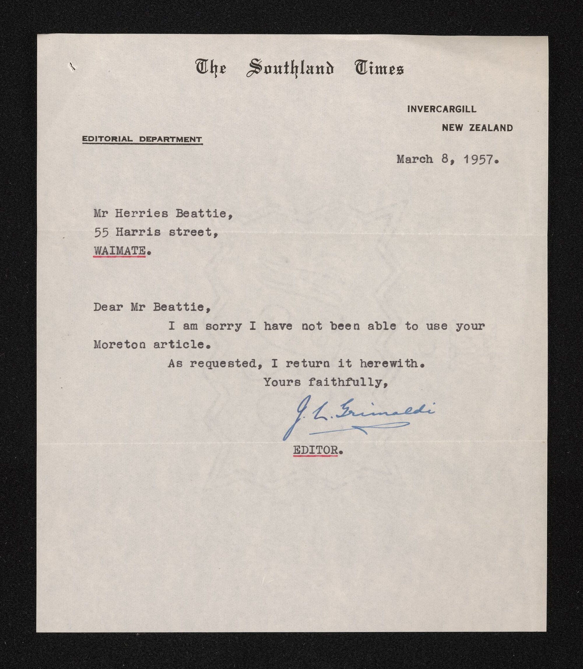 Letter, 8 March 1957, from J.L. Grimaldi, editor of the Southland Times, to Herries Beattie