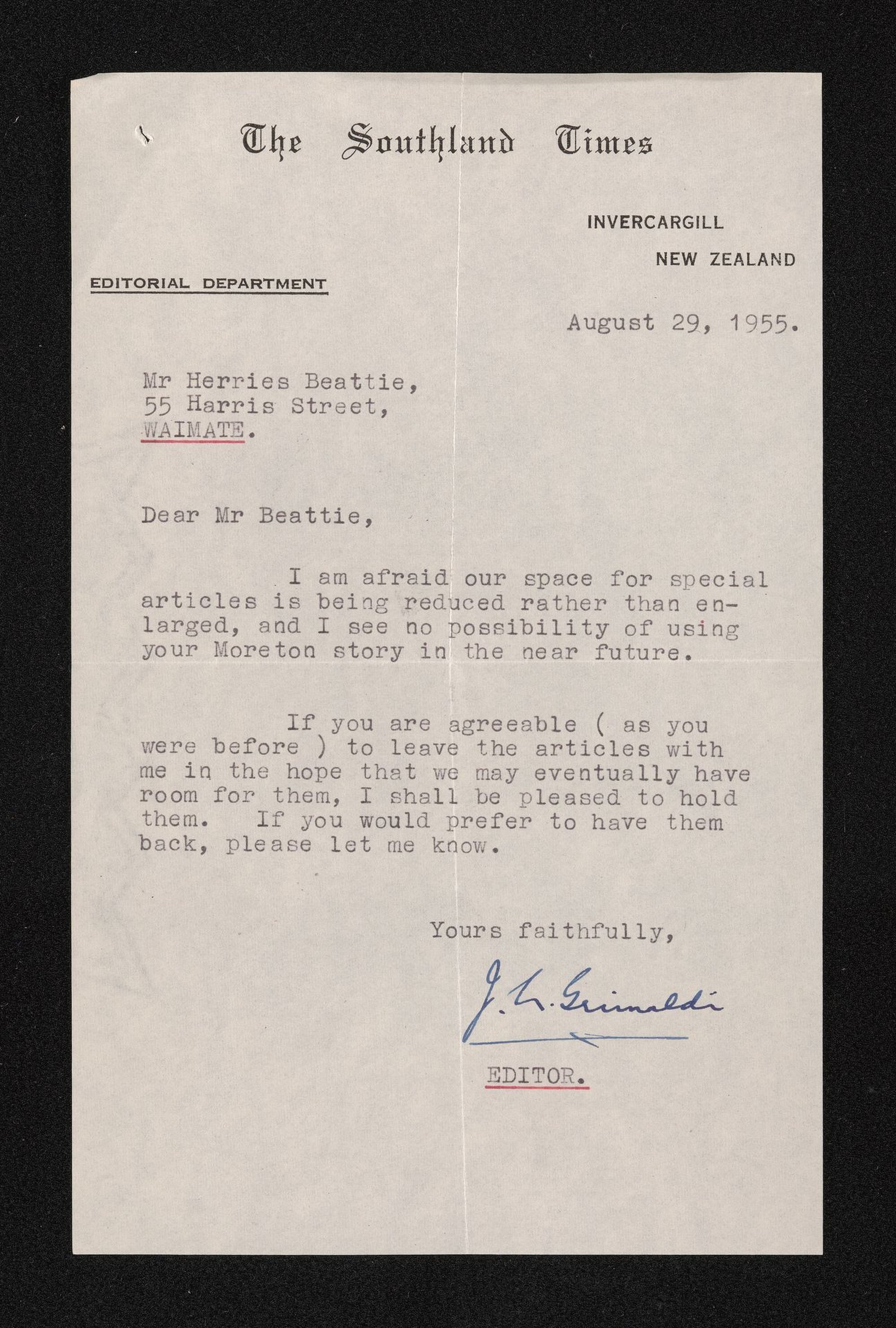 Letter, 29 August 1955, from J.L. Grimaldi, editor of the Southland Times, to Herries Beattie