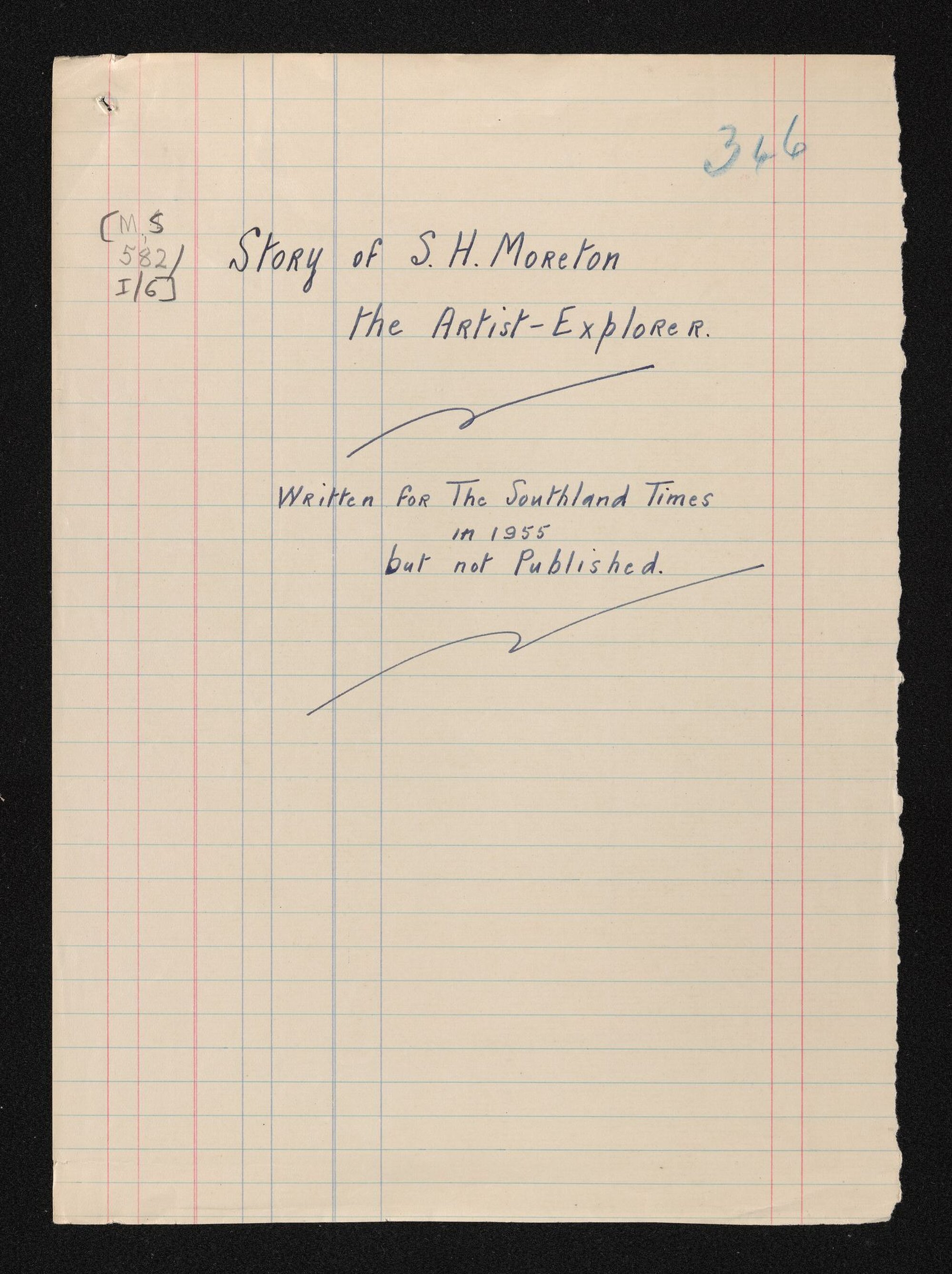 Cover to folder contents entitled 'Story of S.H. Moreton : the artist-explorer'