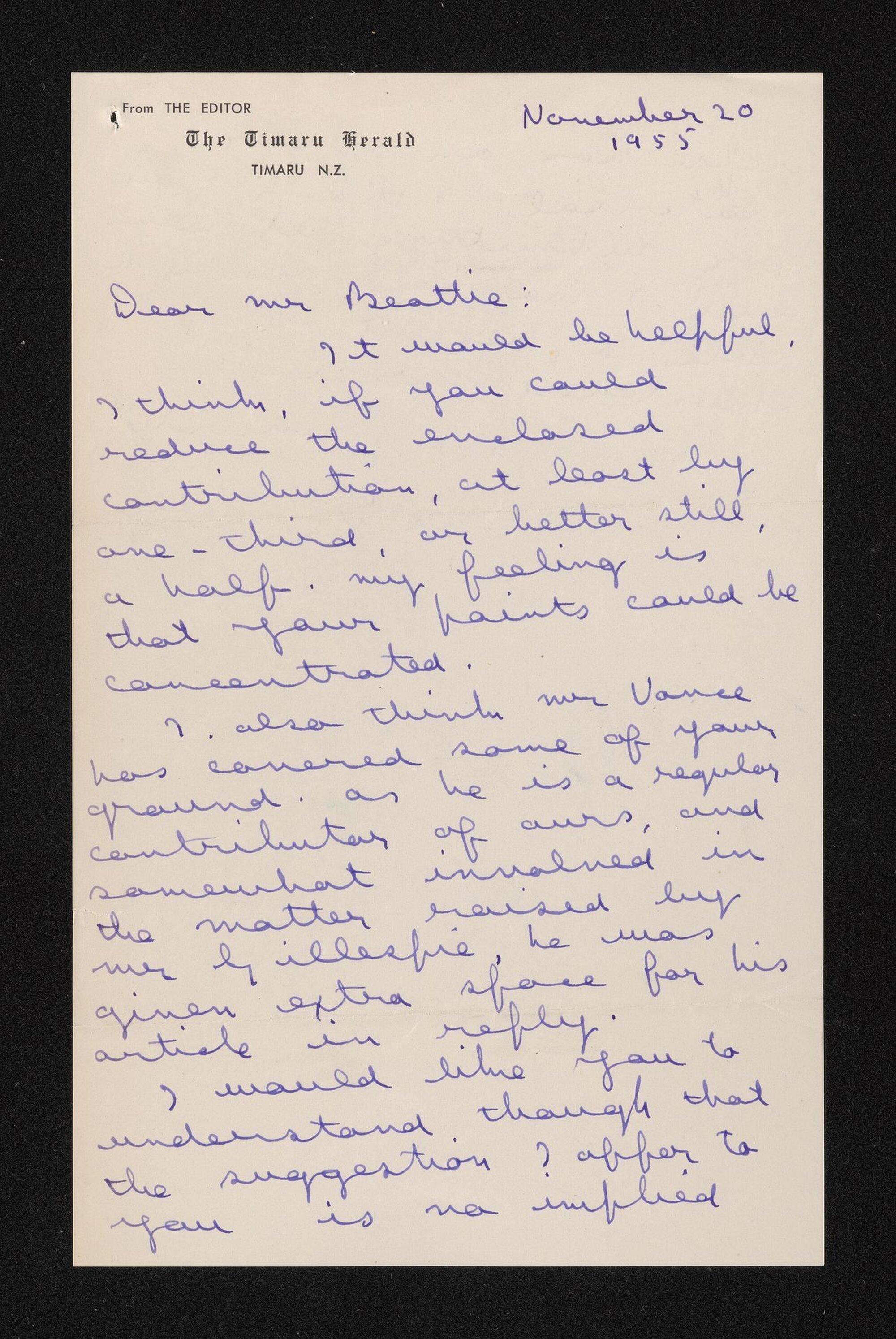 Letter, 20 November 1955, from Ian Donnelly, editor of the Timaru Herald, to Herries Beattie, regarding  manuscript of 'Mackenzie of the Mackenzie Country ', and manuscript
