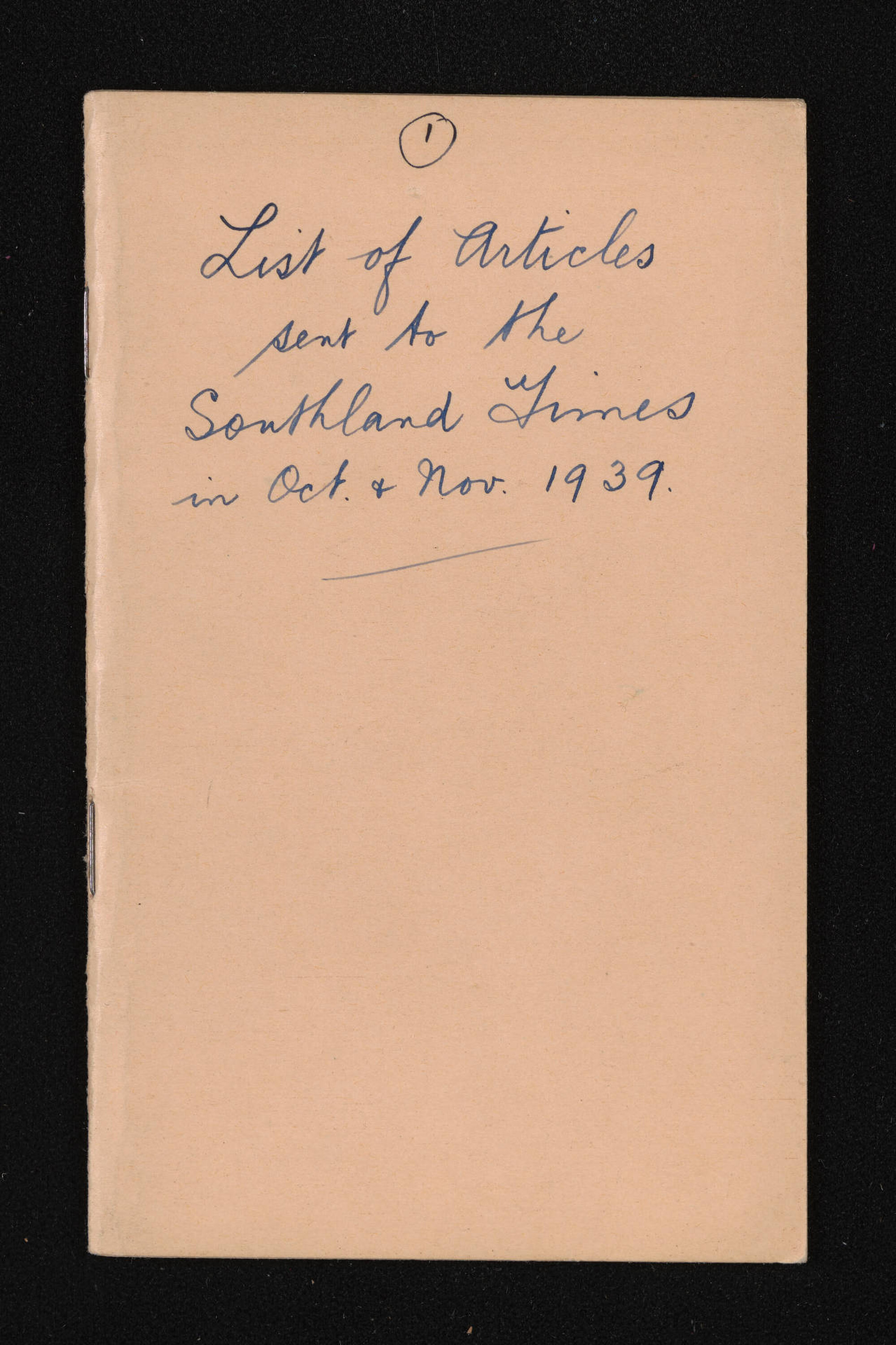 Notebook entitled, 'List of articles sent to the 'Southland Times', volume 1