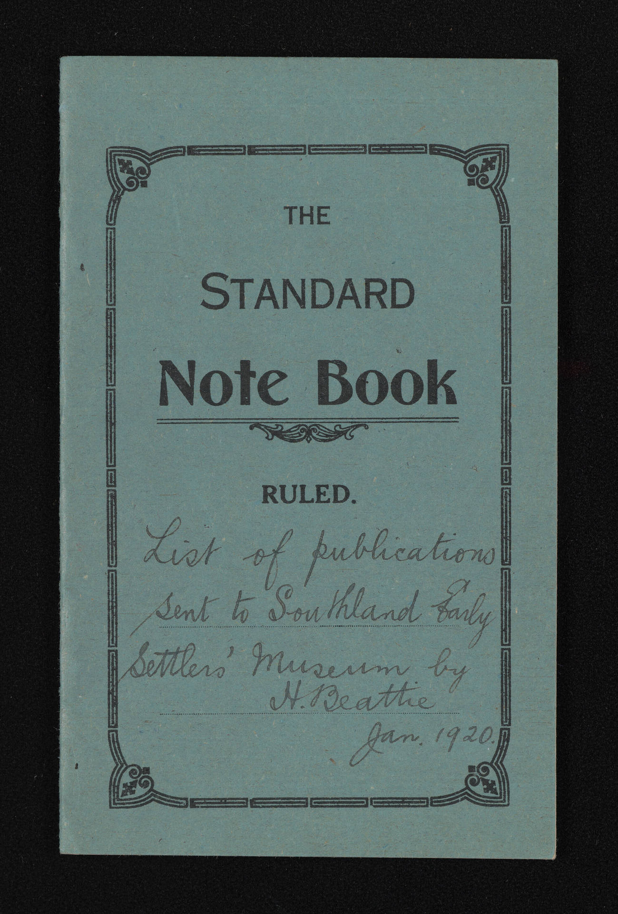 Notebook entitled, 'List of publications sent to Southland Early Settlers Museum'