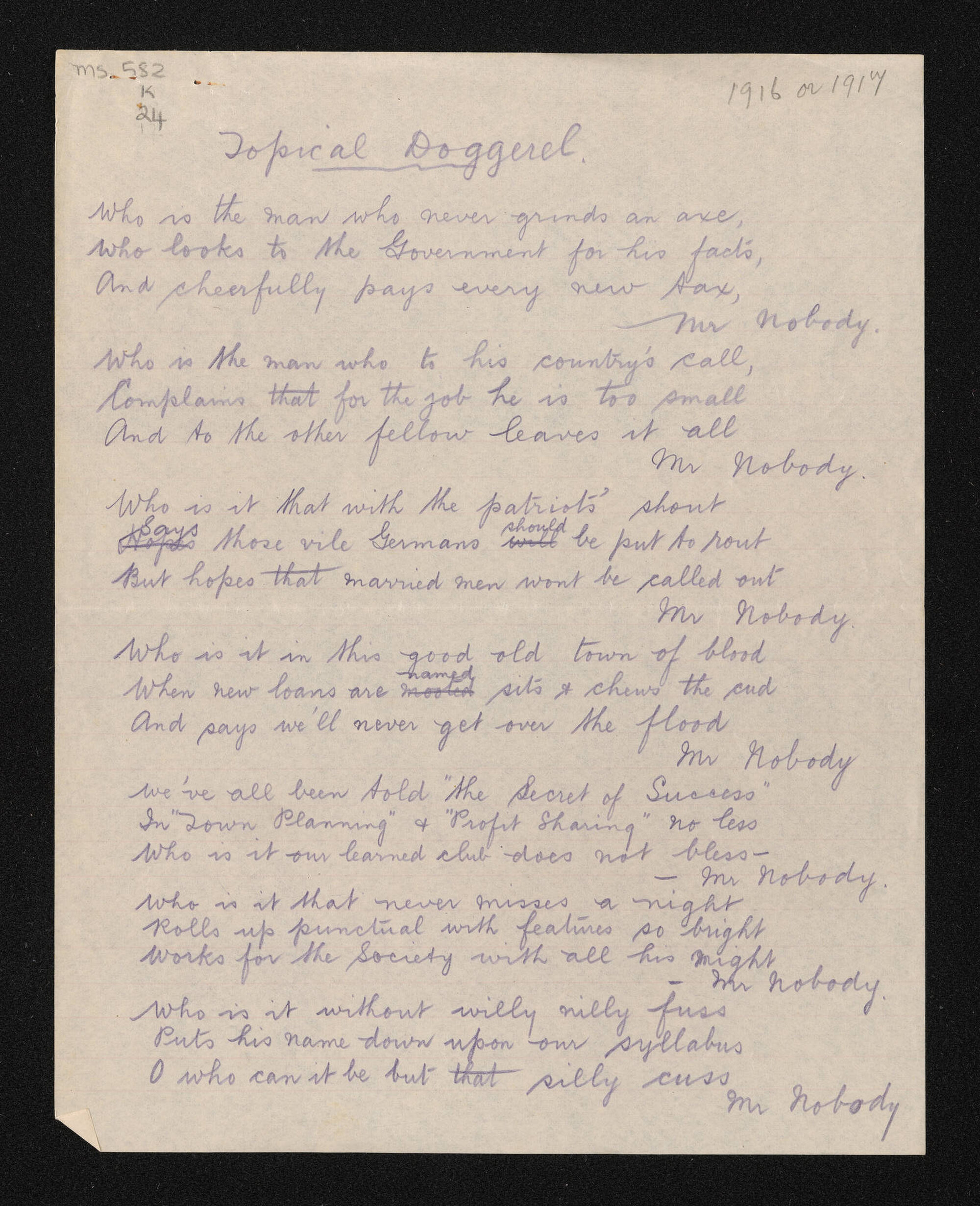 Verse entitled, 'Topical doggerel', 'Alleged poetry' and 'Notes and queries'