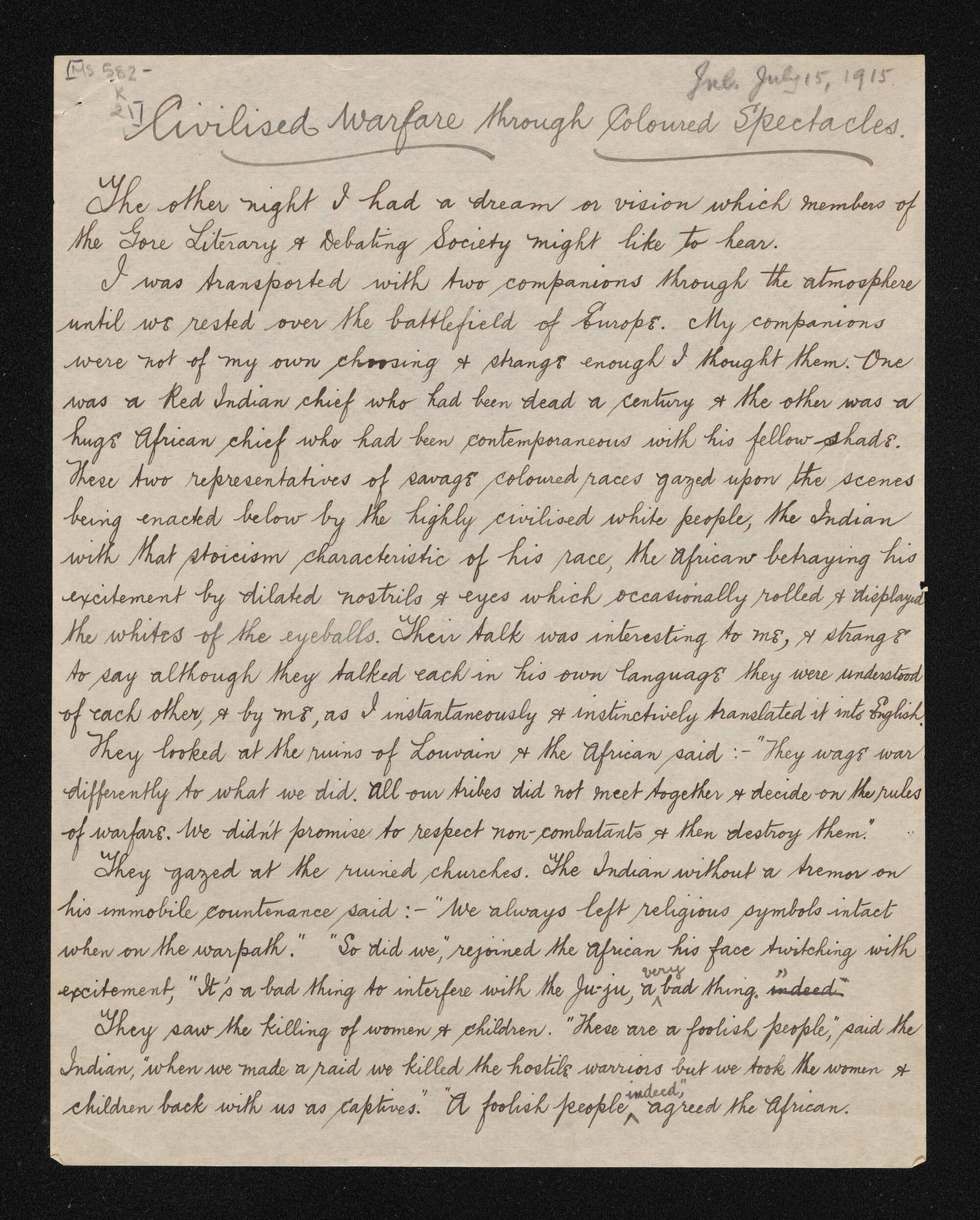 Paper entitled, 'Civilised warfare through coloured spectacles'