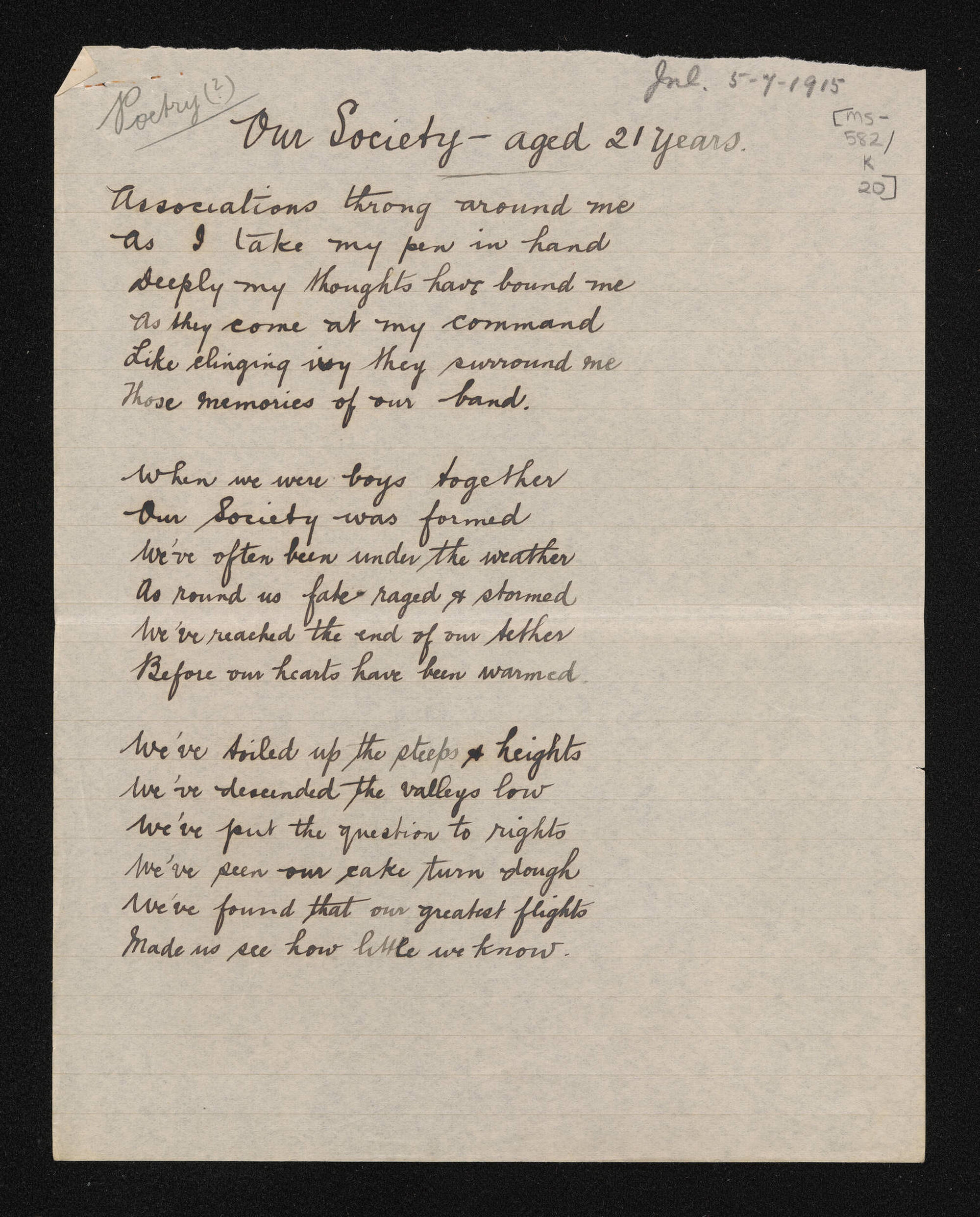 Poem entitled, 'Our society - aged 21 years'