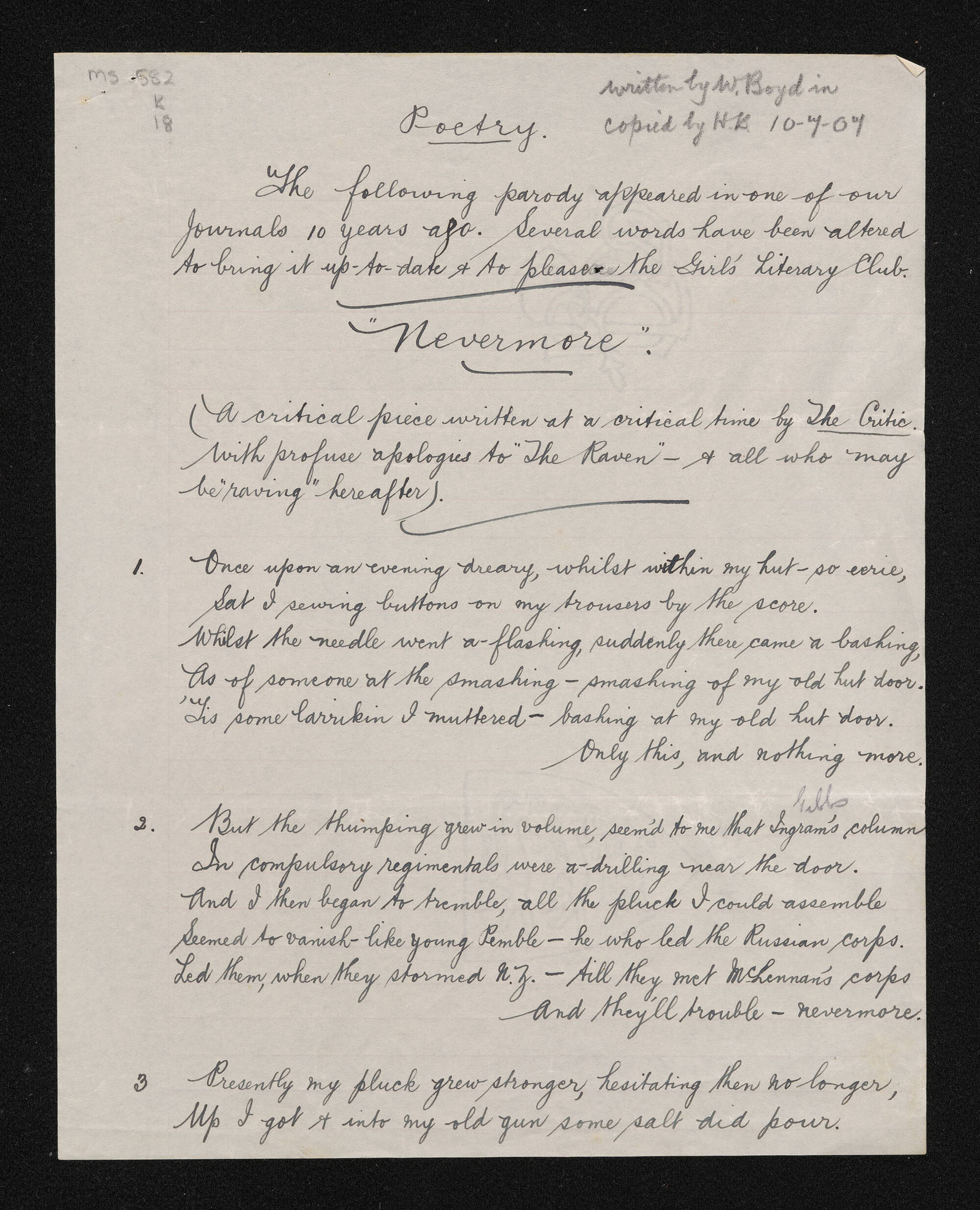 Poem entitled, 'Nevermore', written by W. Boyd / transcribed by Herries