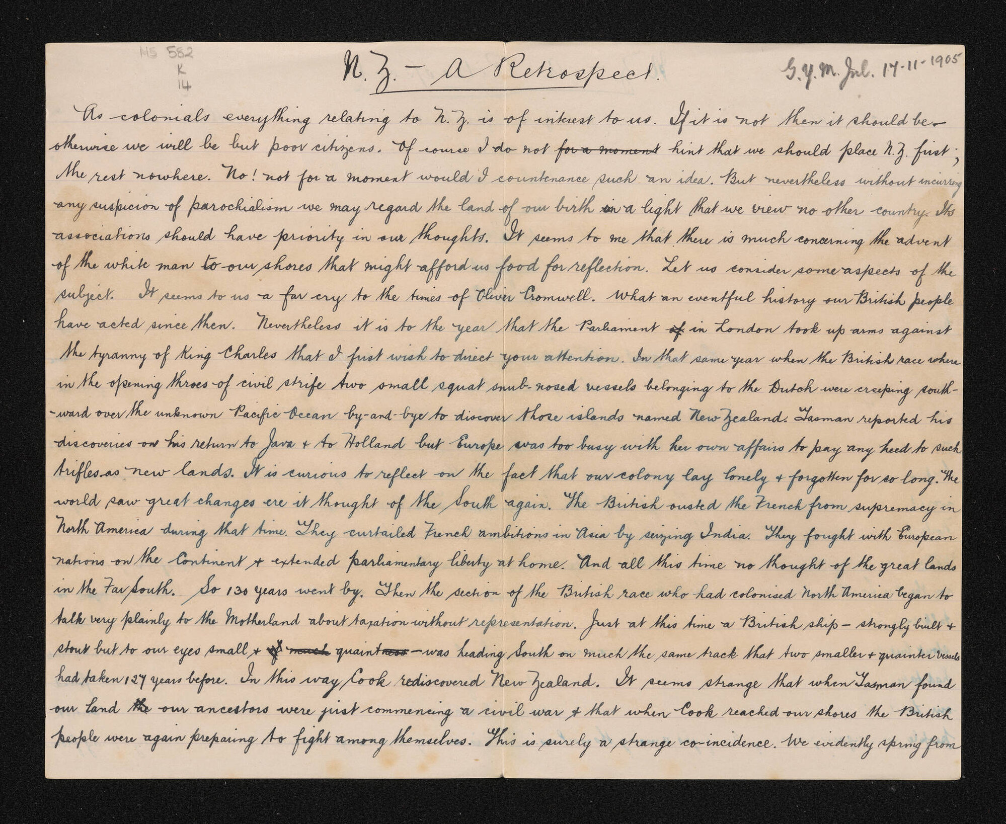 Paper entitled, 'New Zealand; A retrospect'