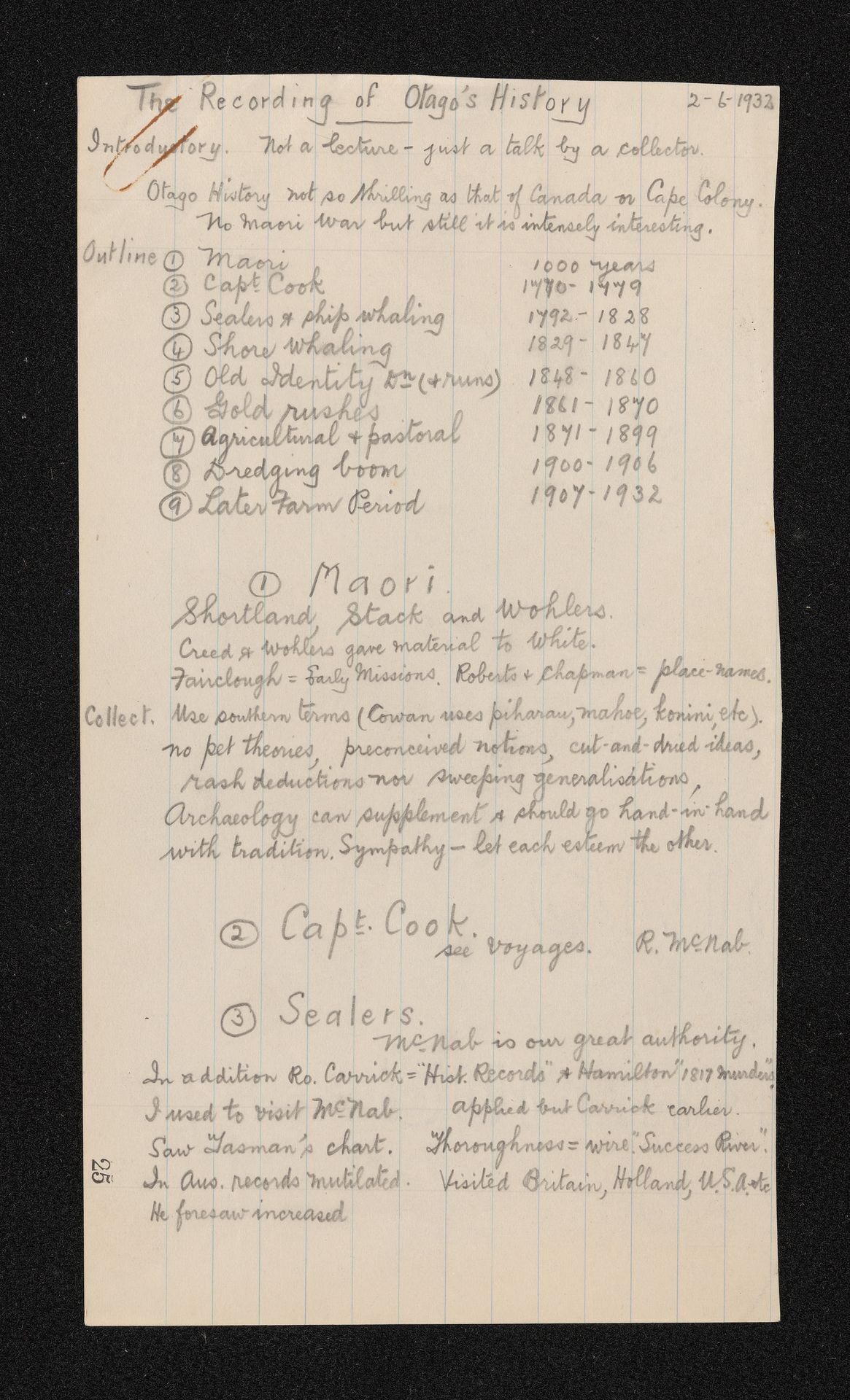 Notes relating to a speech entitled, 'Recording Otago's history'