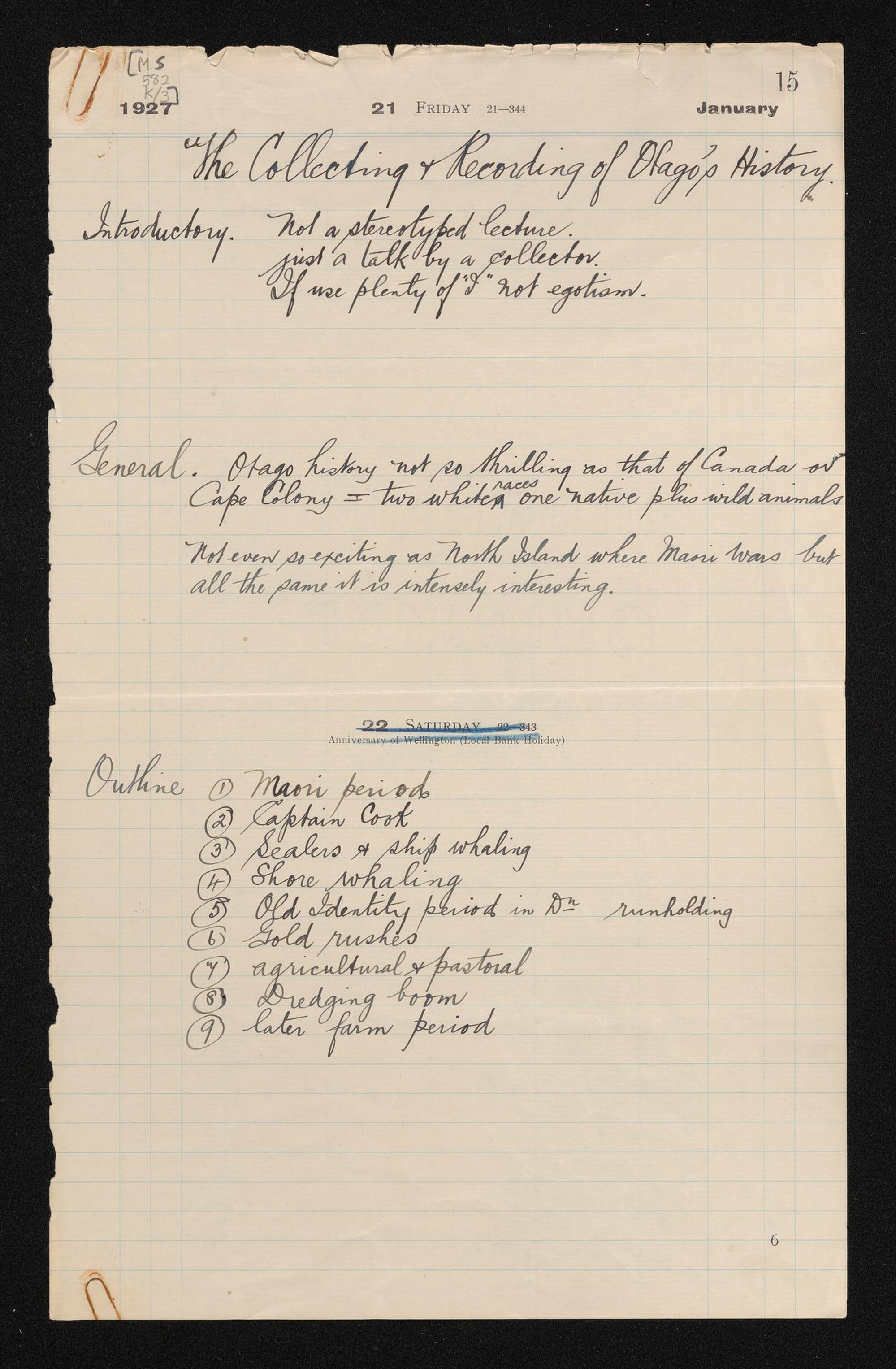 Outlines of a speech on the collecting and recording of Otago's history