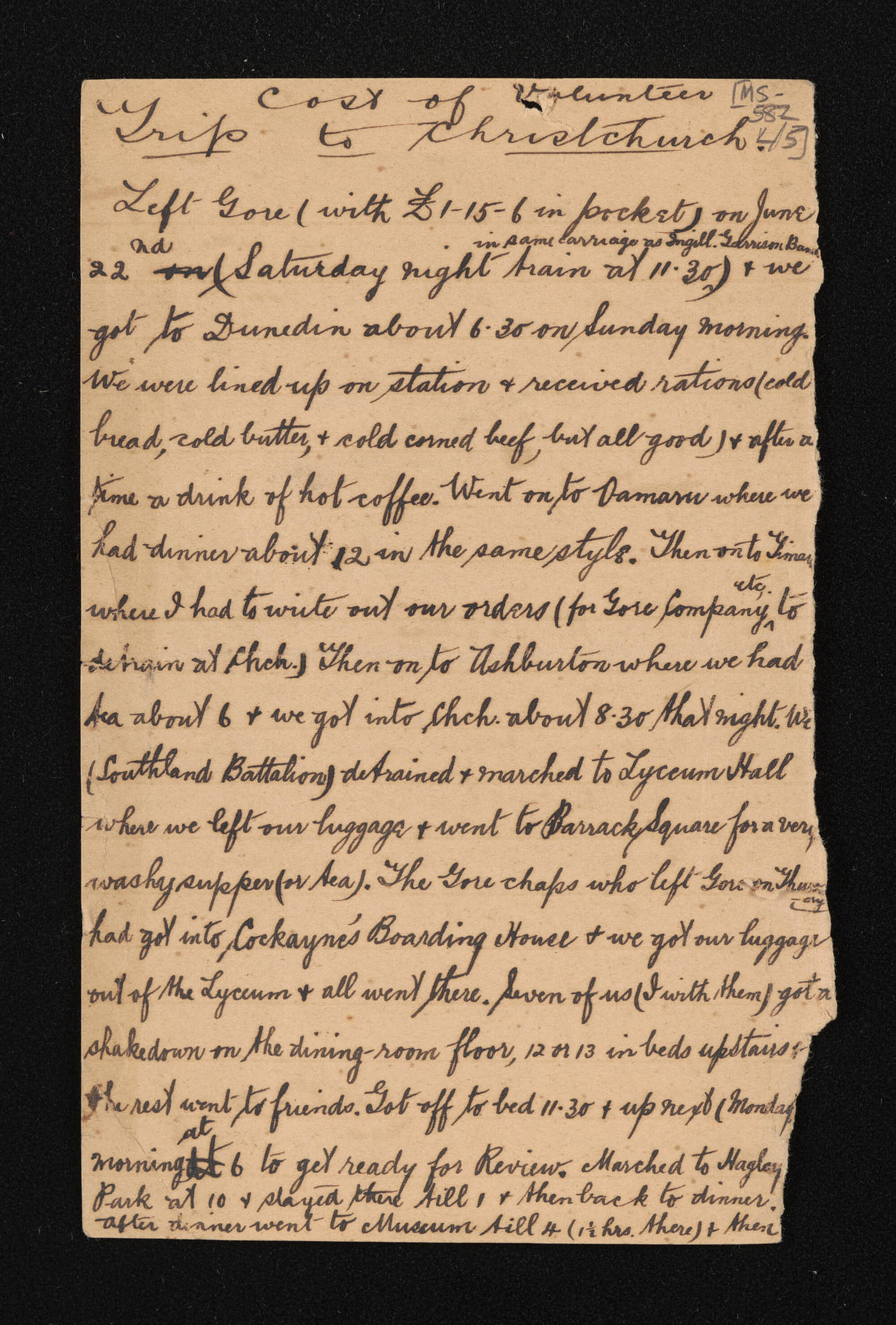 Papers relating to a trip to Christchurch, including outgoing payments