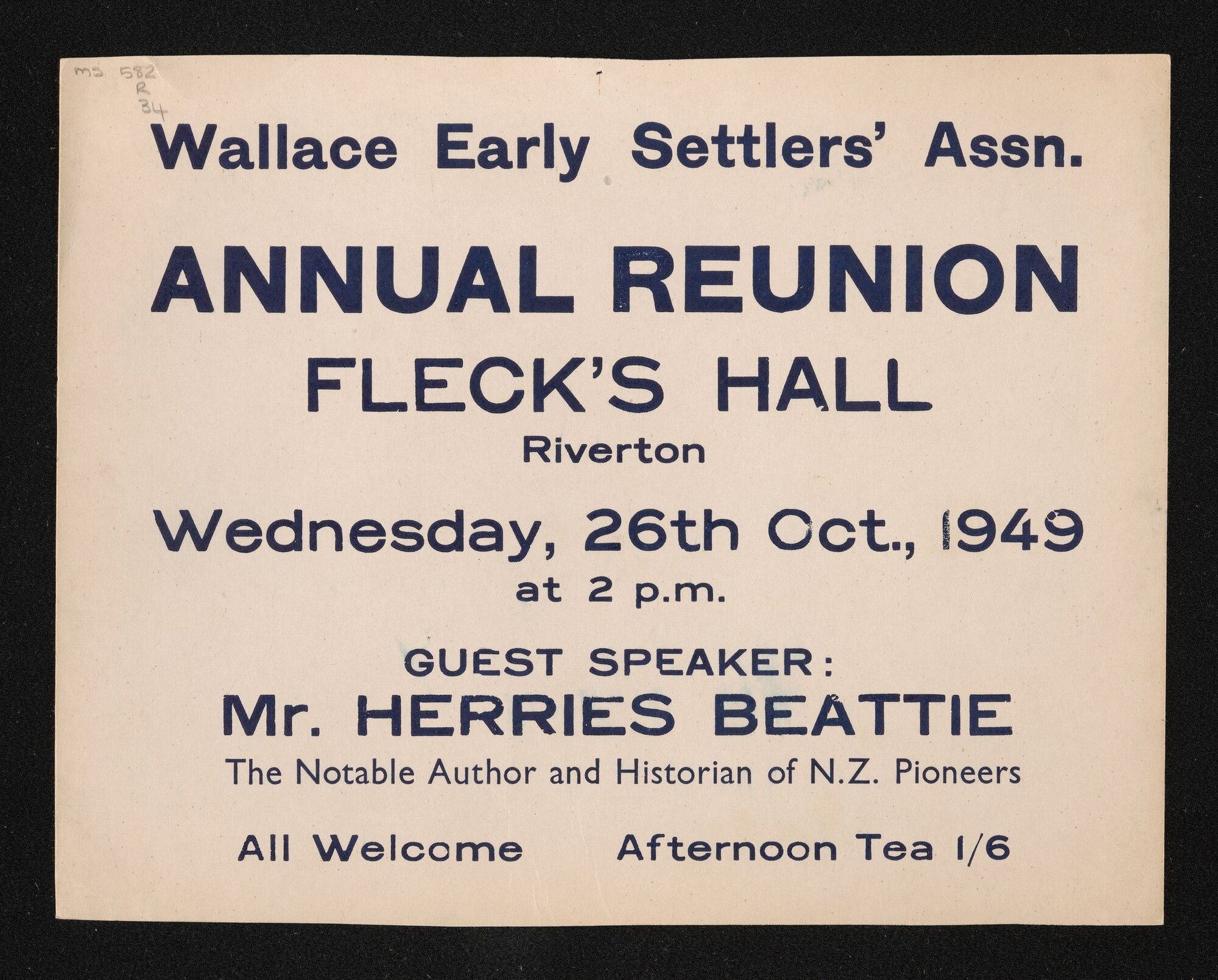 Poster for Wallace Early Settlers annual reunion, 26 October 1949, with guest speaker Herries Beattie