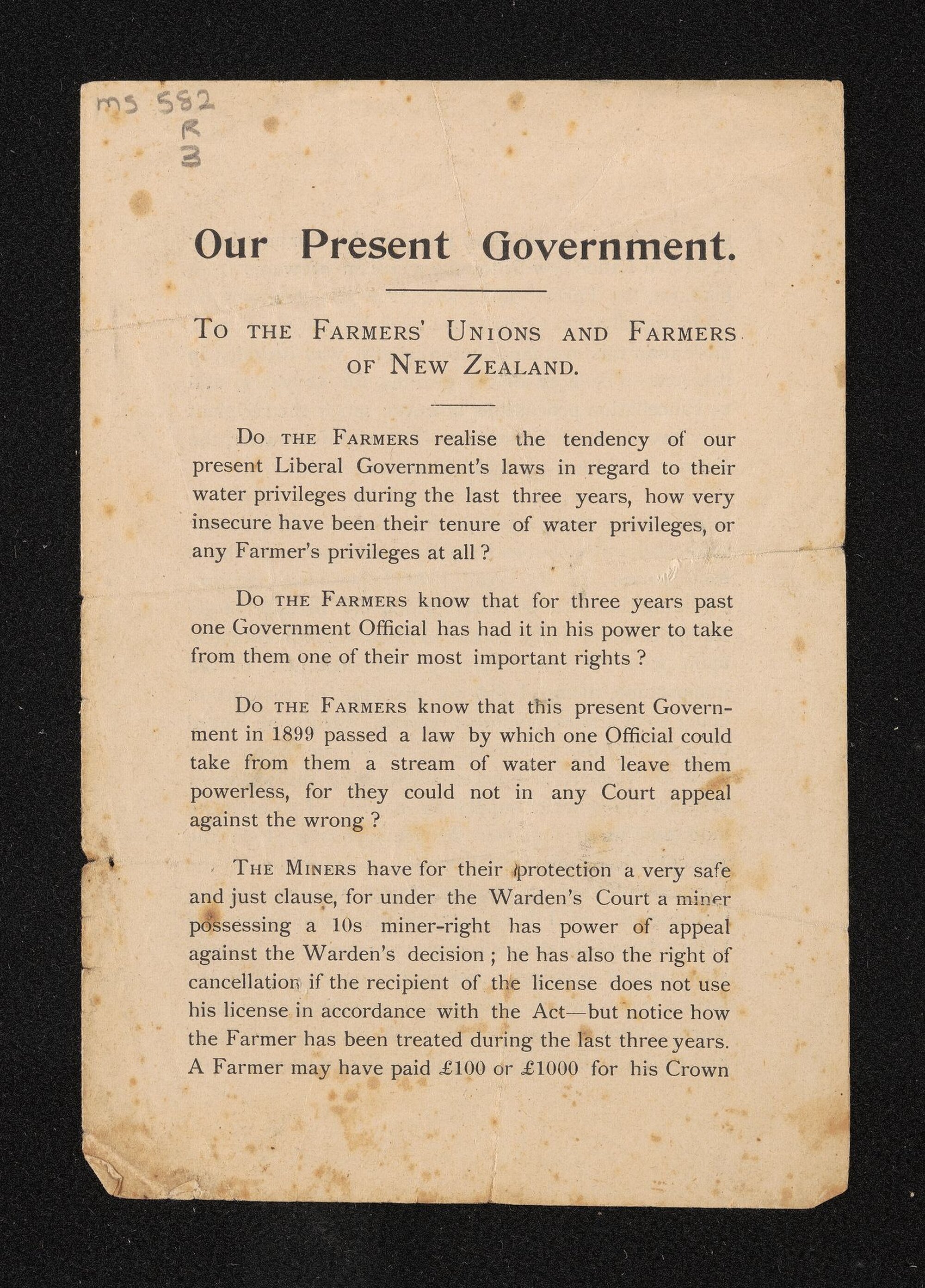 Pamphlet entitled 'Our present government : to the Farmers' Unions and farmers of New Zealand', by James Beattie