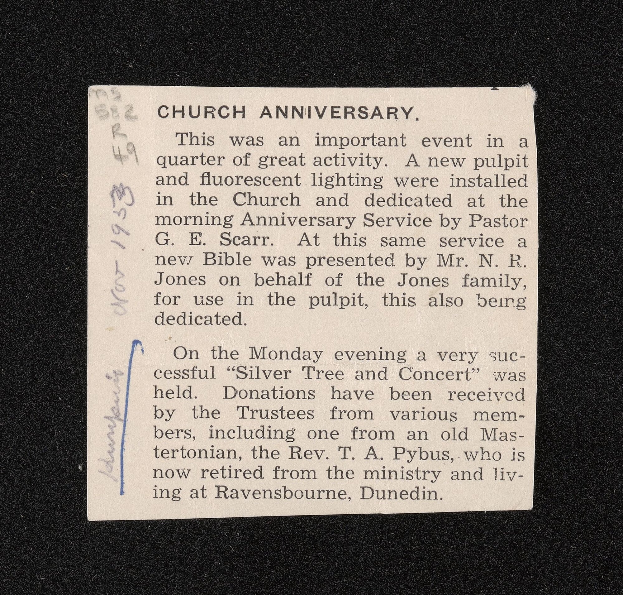 Annotated clipping, November 1953, entitled 'Church anniversary'