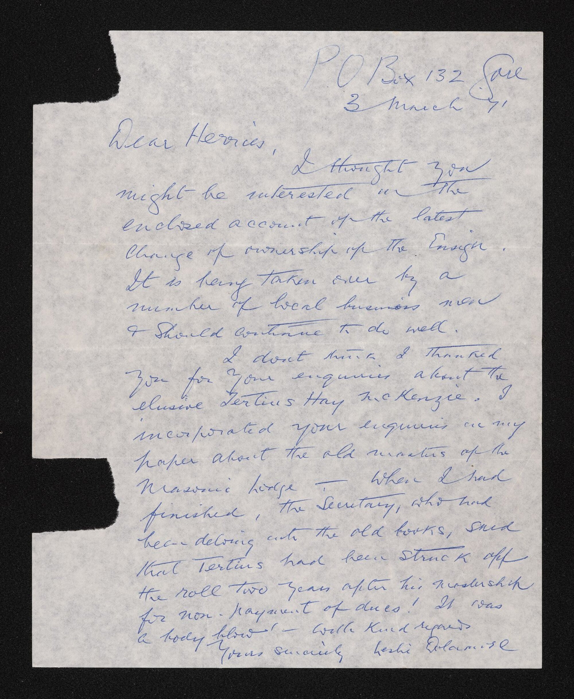 Letter, 3 March 1971, from Leslie Dolamore, to Herries Beattie, enclosing newspaper article about the change in ownership of the Mataura Ensign, and annotated envelope fragment