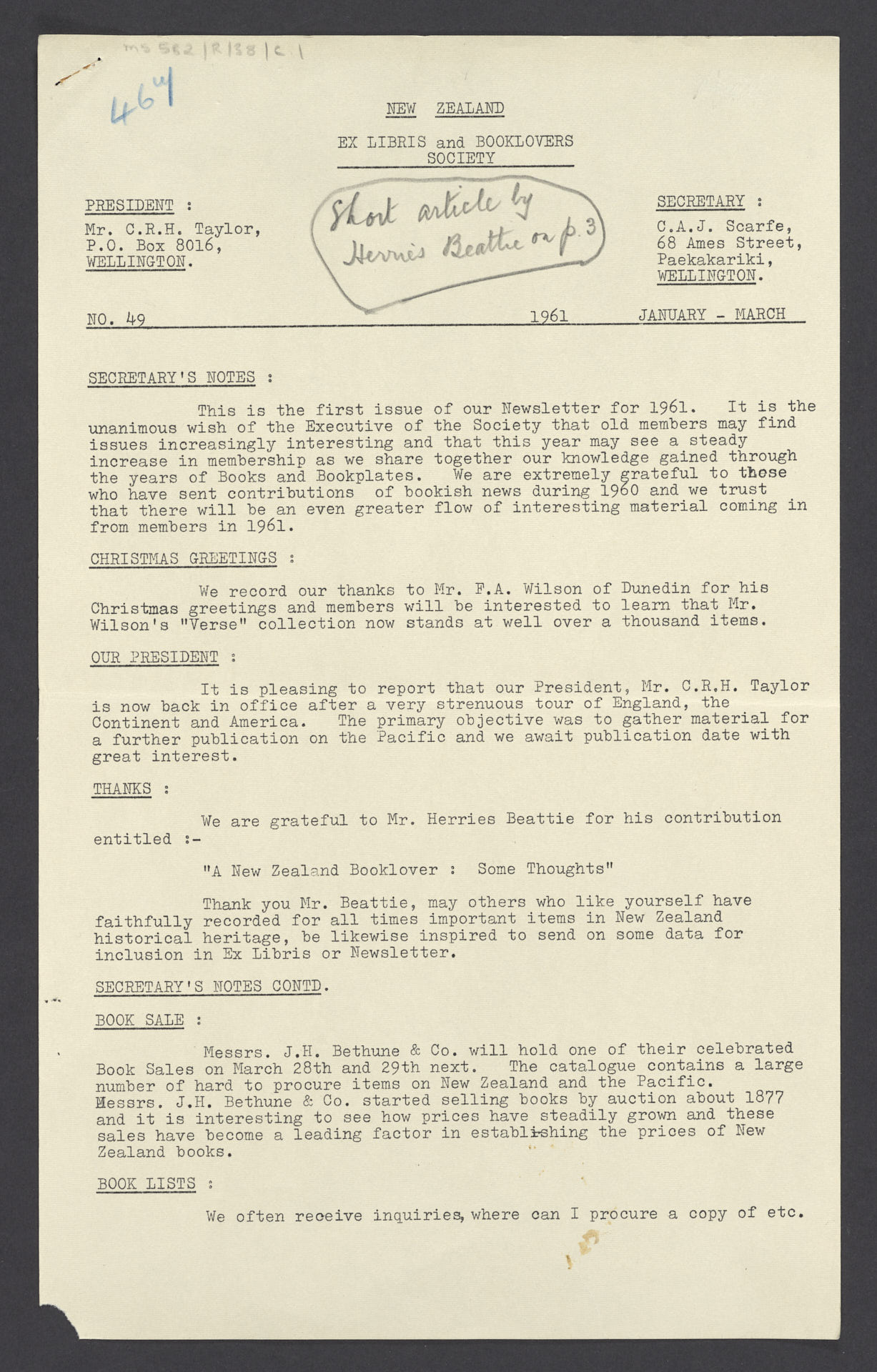 Newsletter, January-March 1961, New Zealand Ex Libris and Booklovers Society