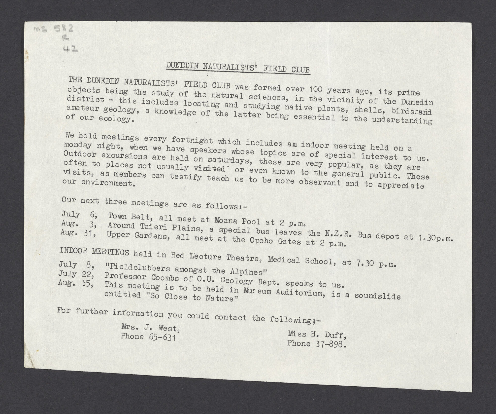 Flyer, n.d., Dunedin Naturalists' Field Club