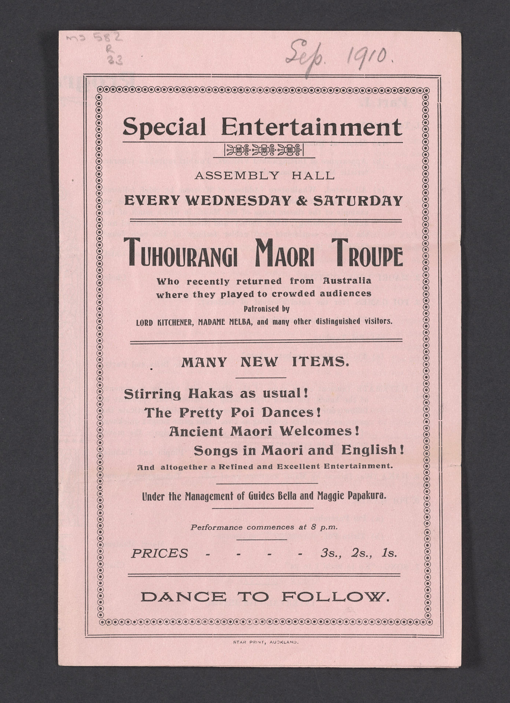 Programme, September 1910, Tuhourangi Maori Troupe