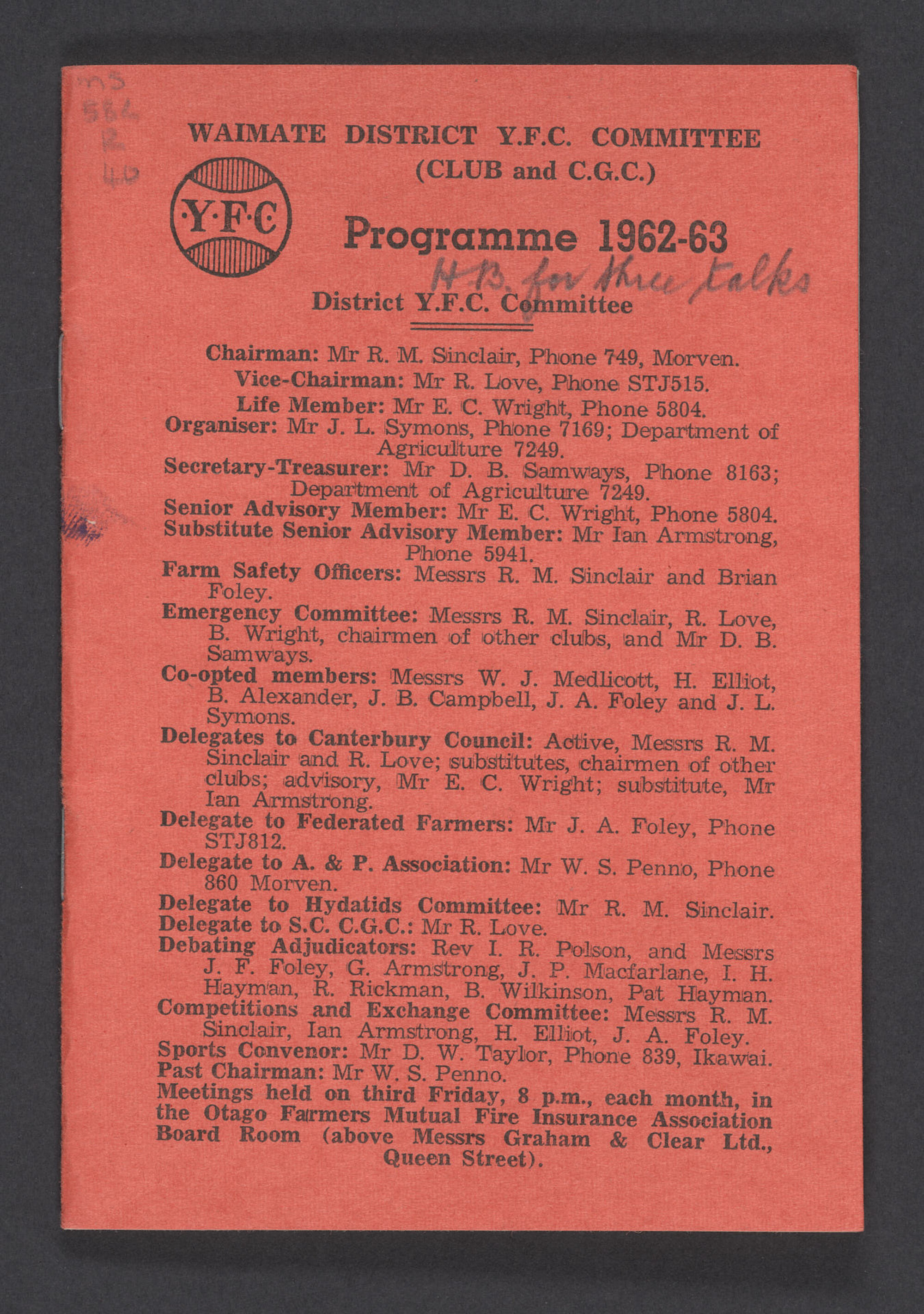 Waimate District Y.F.C. Committee Programme 1962-63