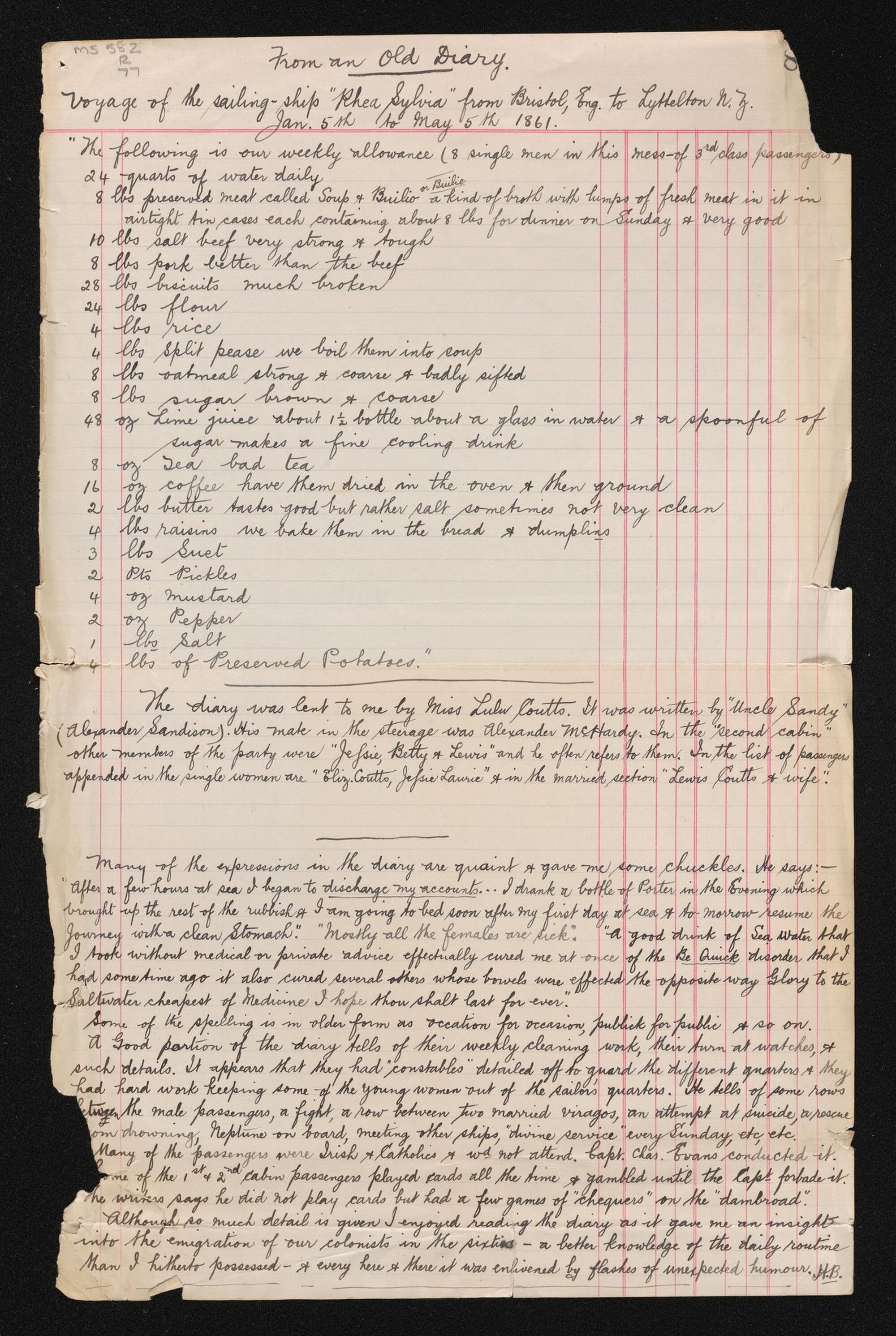 Notes entitled 'From an old diary : voyage of the sailing ship 'Rhea Sylvia' from Bristol, England to Lyttelton N.Z., Jan 5th to May 5th 1861', by Alexander Sandison, copied and annotated by Herries Beattie