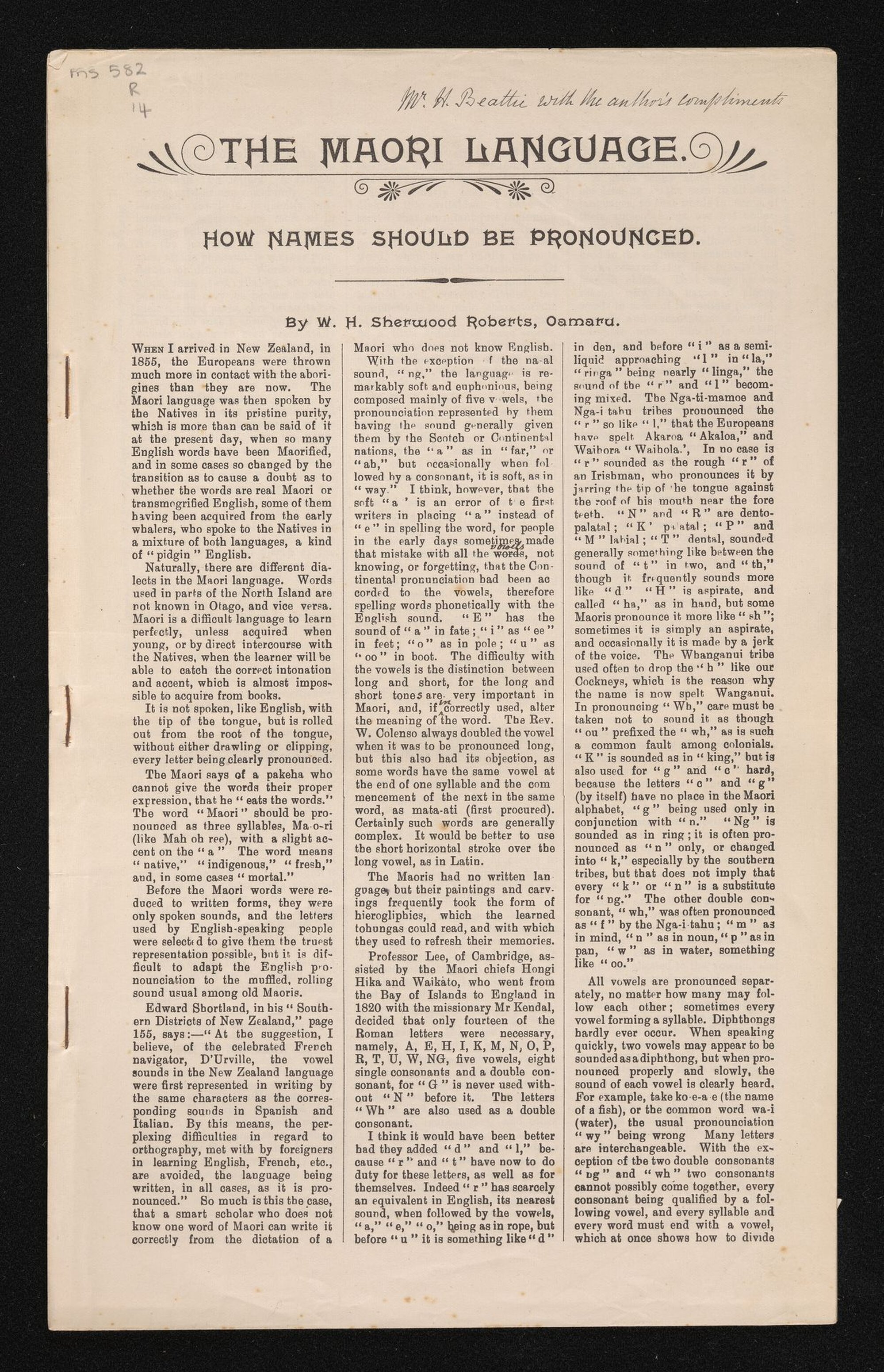 Annotated article entitled 'The Maori language : how names should be pronounced', by W.H. Sherwood Roberts