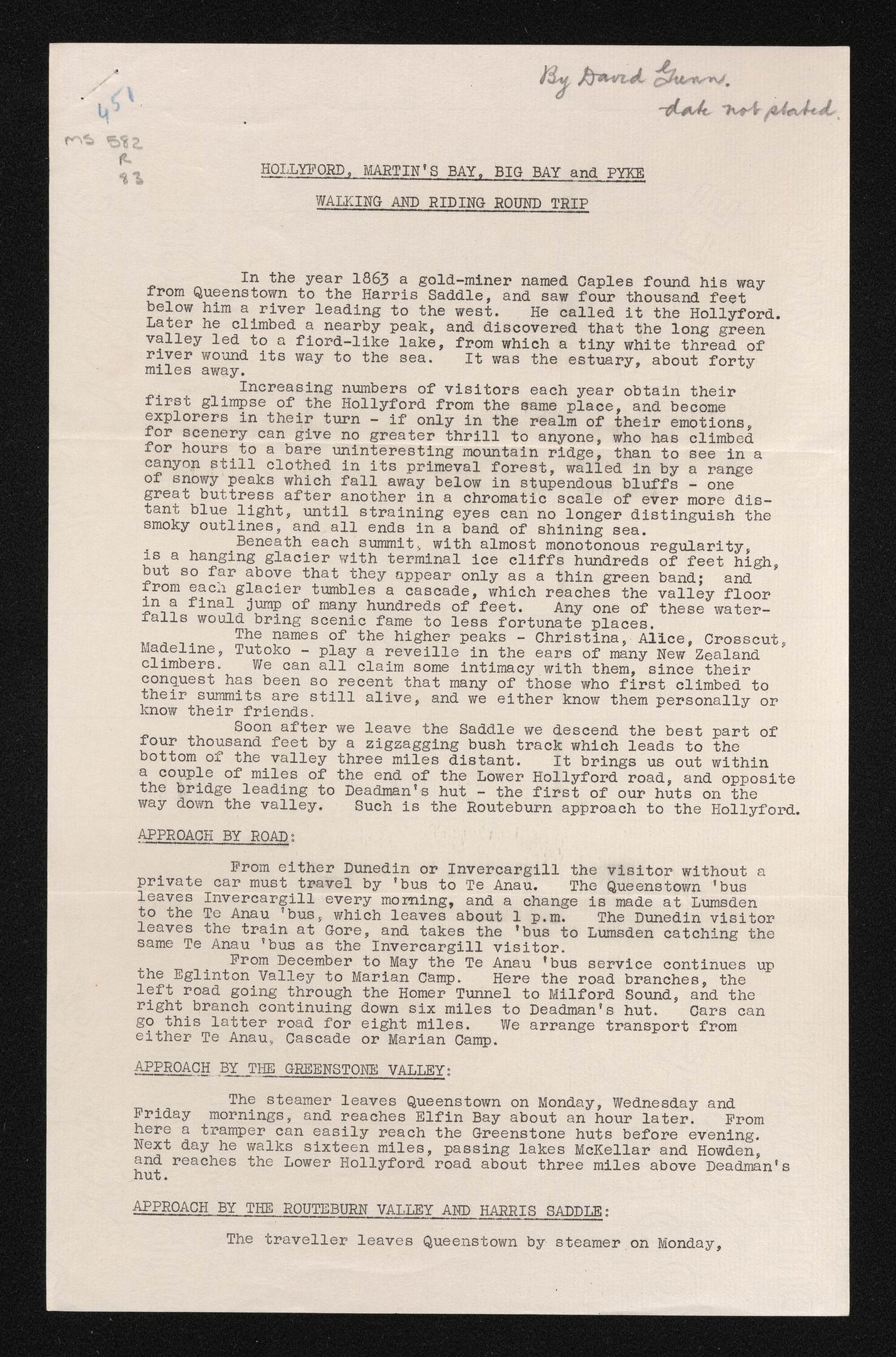 Notes entitled 'Hollyford, Martin's Bay, Big Bay and Pyke : walking and riding round trip', by David Gunn