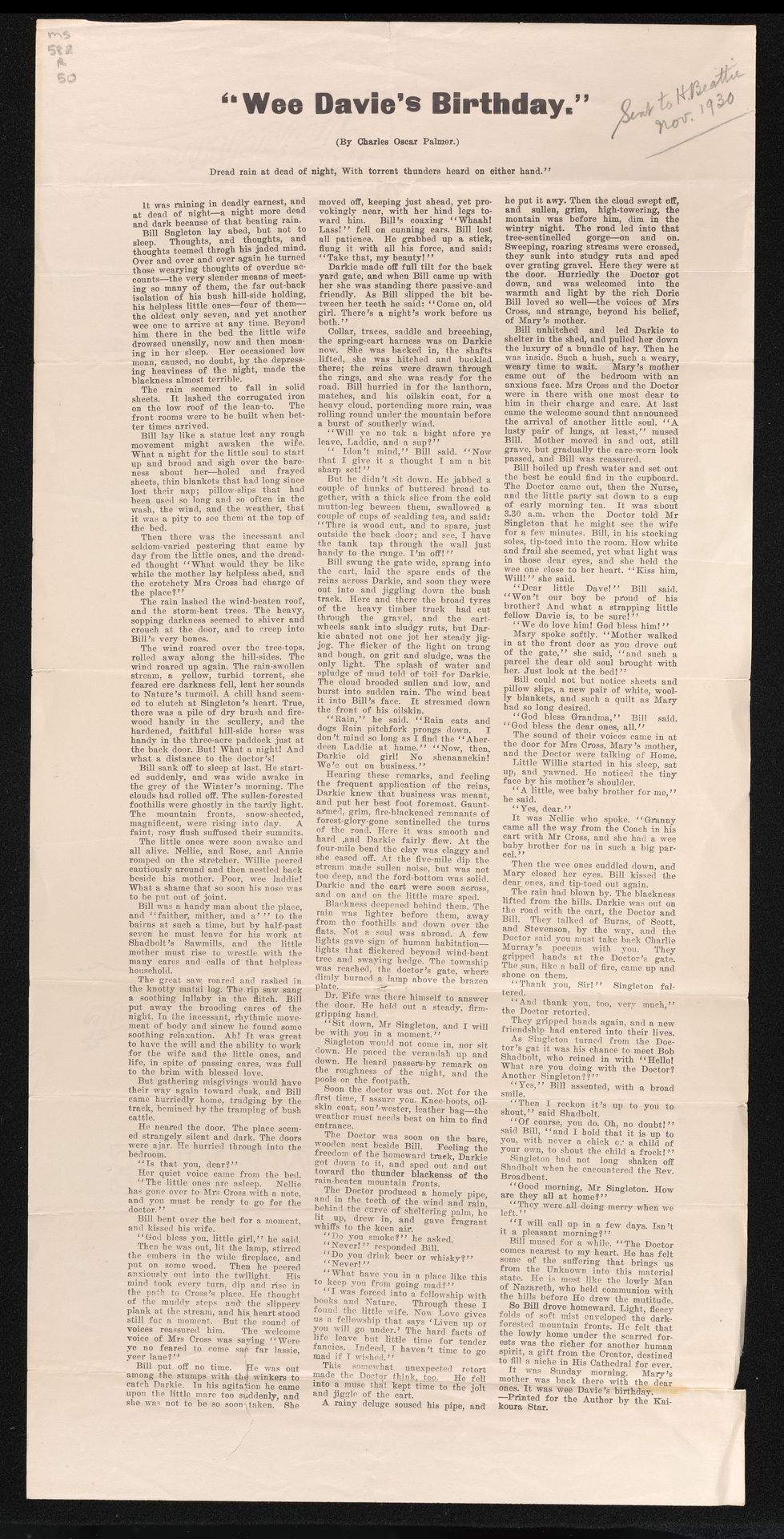 Short story entitled 'Wee Davie's birthday', by Charles Oscar Palmer, sent to Herries Beattie November 1930
