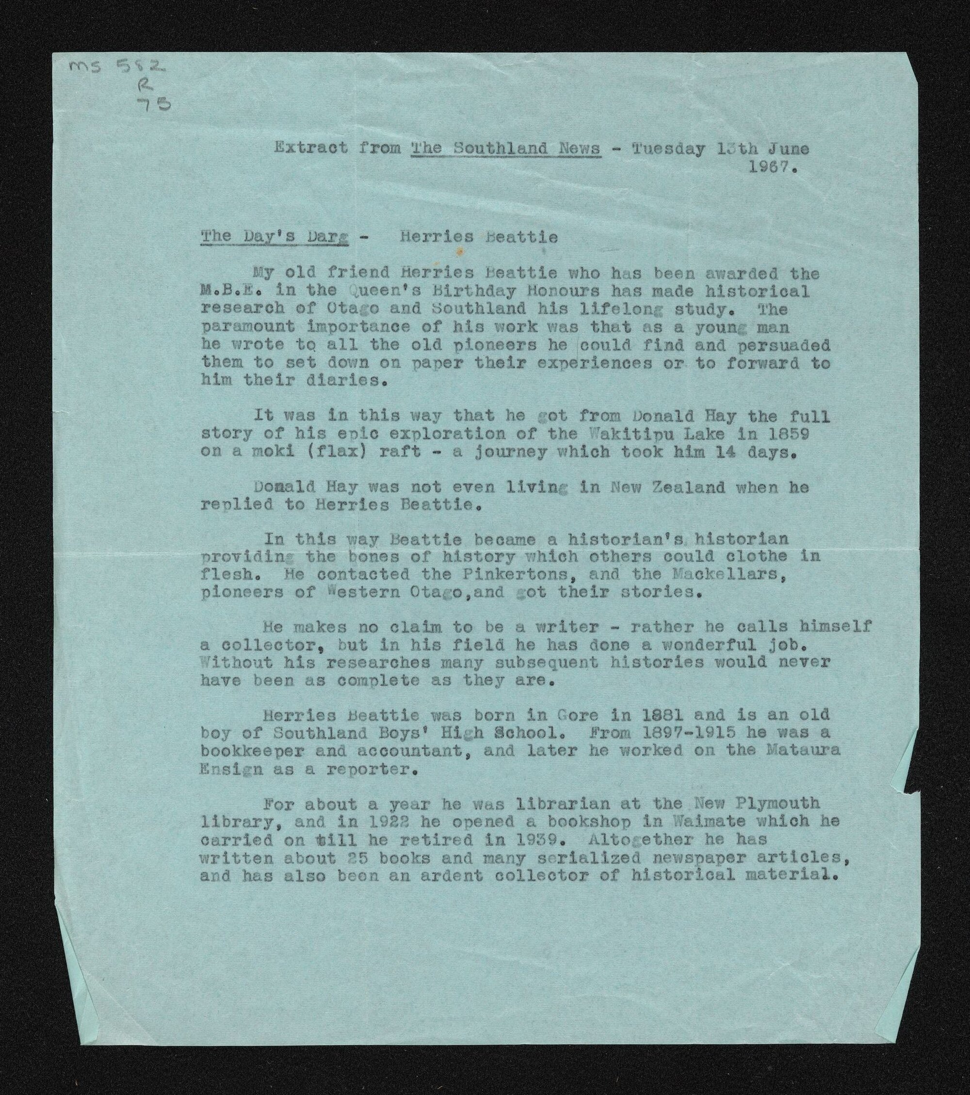 Extract from 'The Southland News', 13 June 1967, entitled 'The Day's Darg - Herries Beattie'