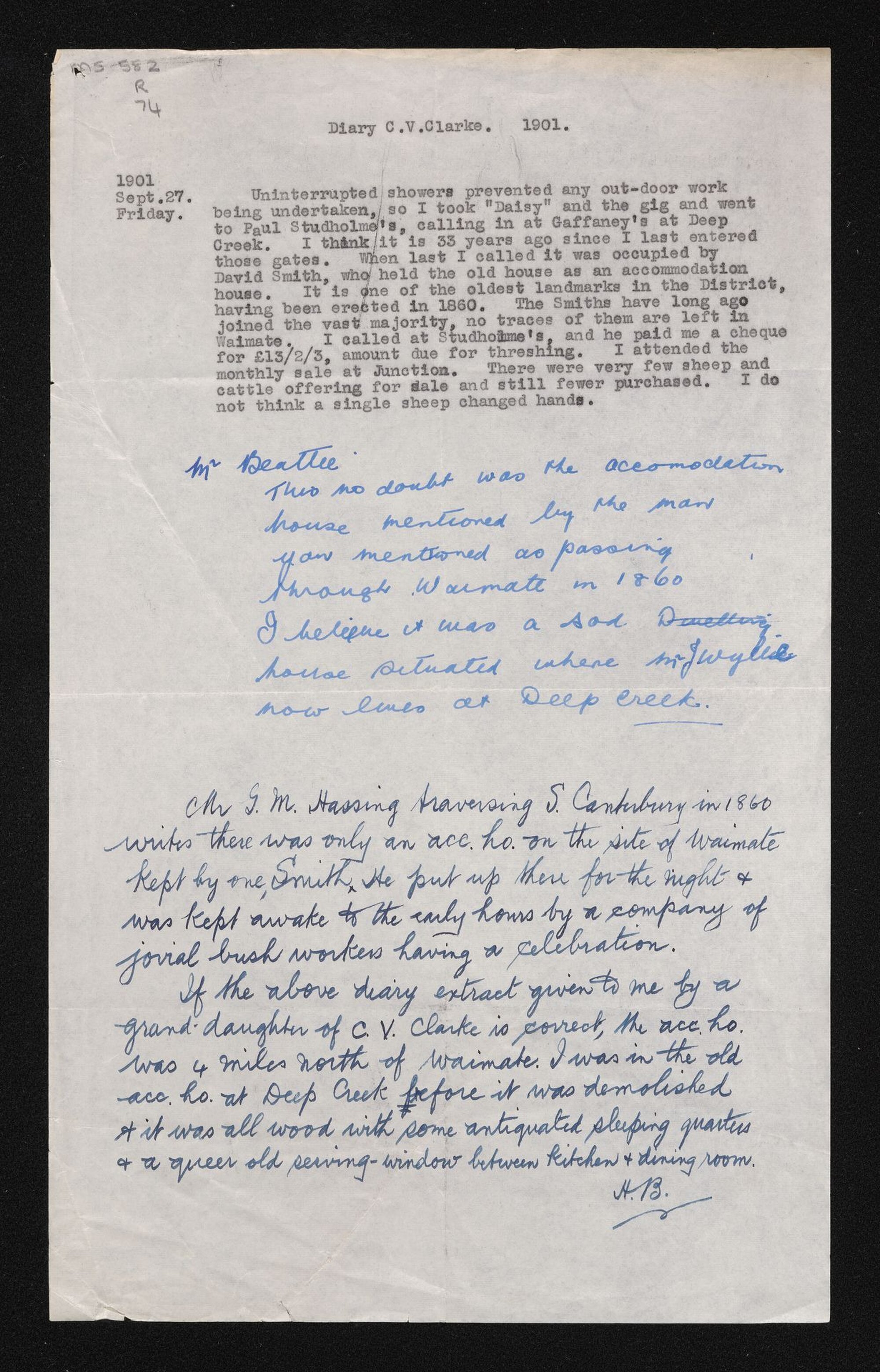 Diary extract, 27 September 1901, by C.V. Clarke, annotated by Herries Beattie, regarding an accommodation house near Waimate
