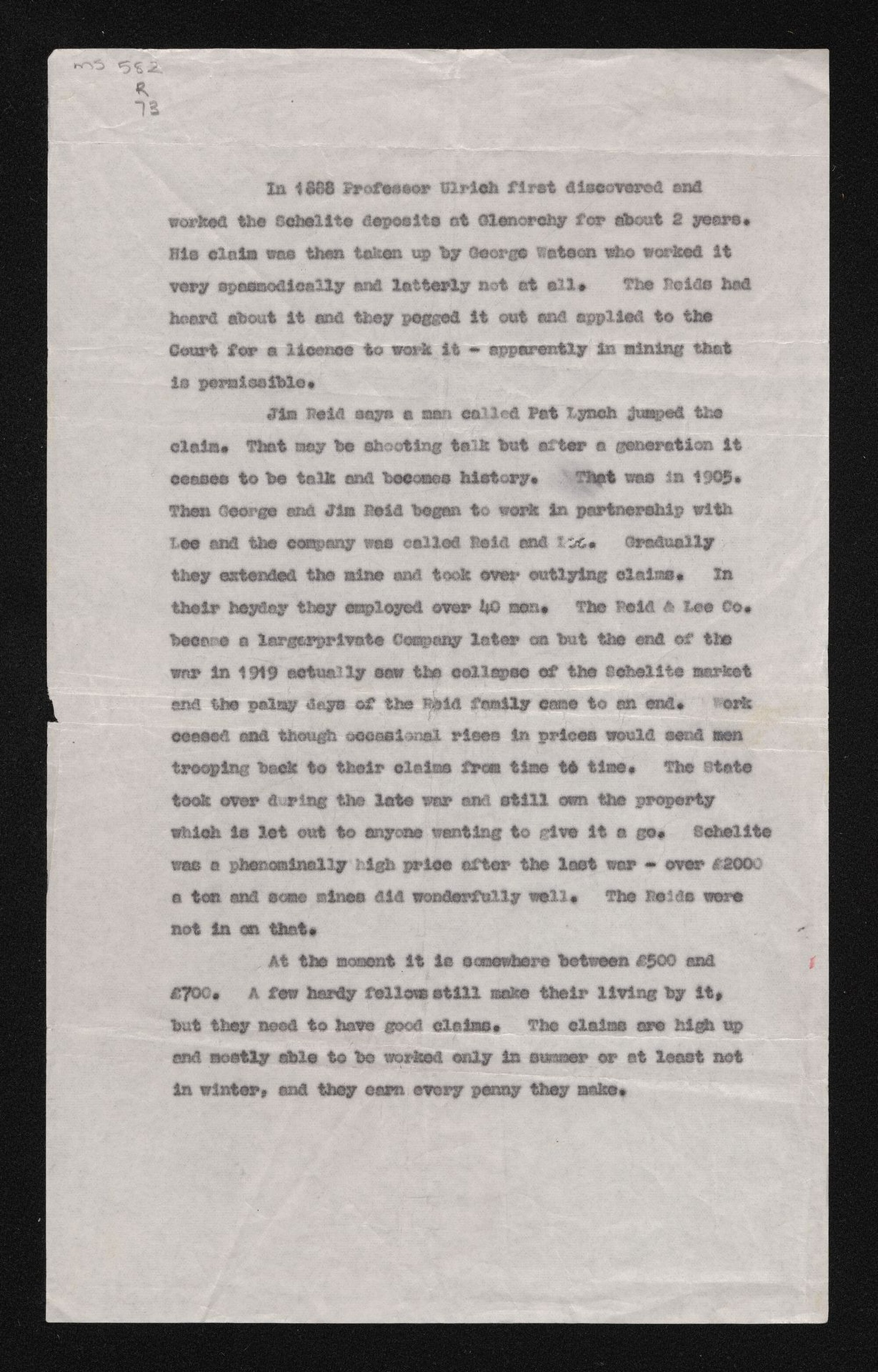 Notes on the history of a schelite deposit claim at Glenorchy