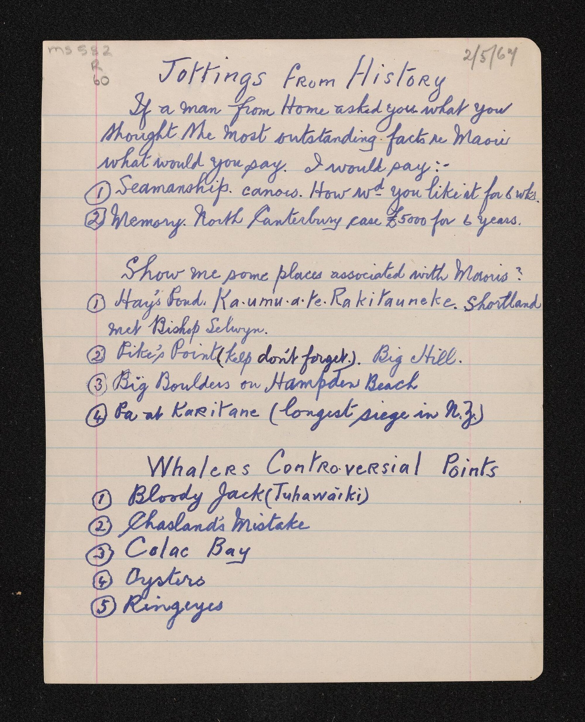 Speaking notes entitled 'Jottings from History' written by Herries Beattie