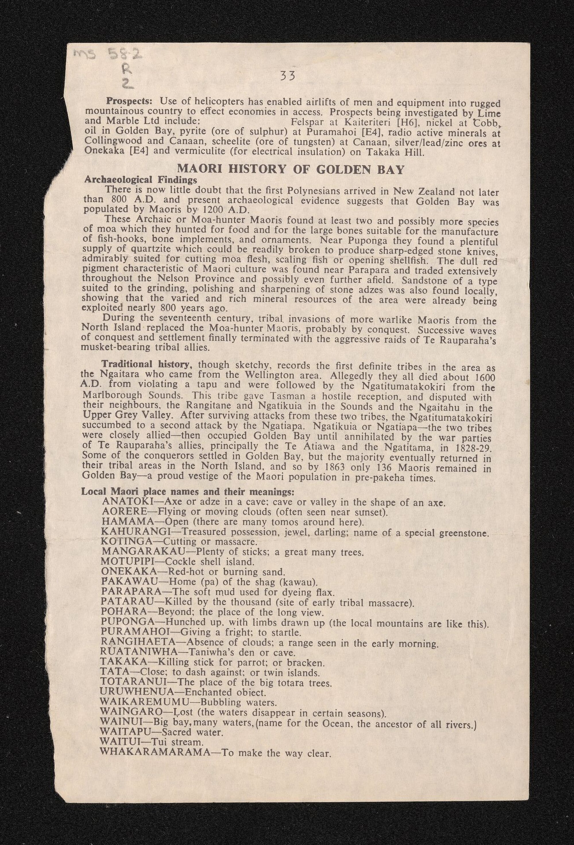 Page from unknown guide book including Māori history of Golden Bay