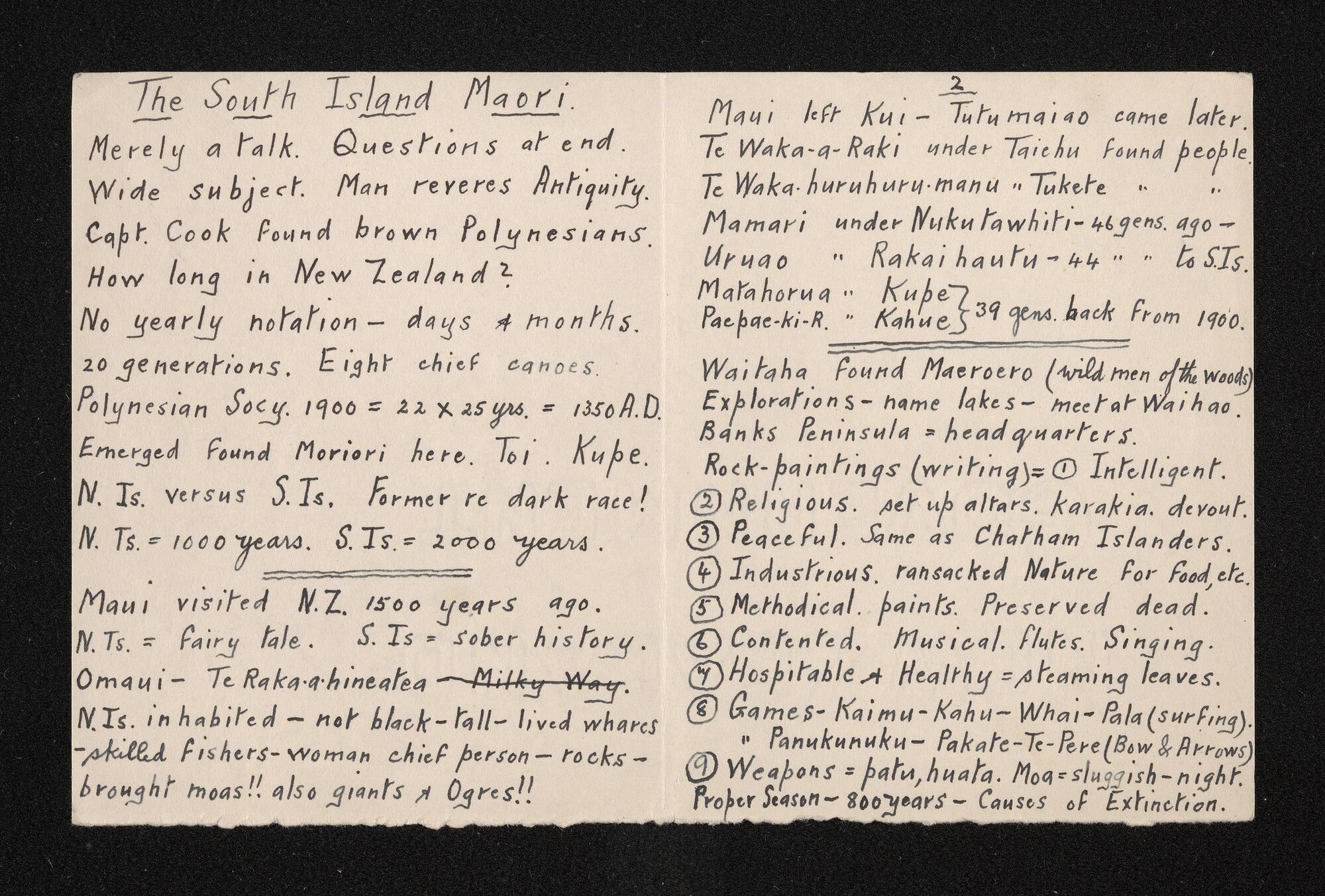 Speaking notes entitled 'The South Island Maori' written by Herries Beattie