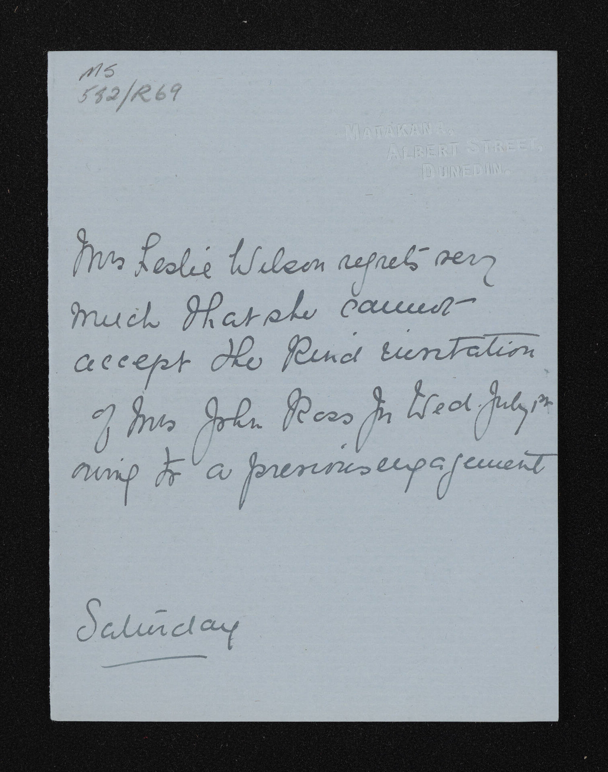 Replies to invitations to attend an 'at home' hosted by Mrs J. Sutherland Ross