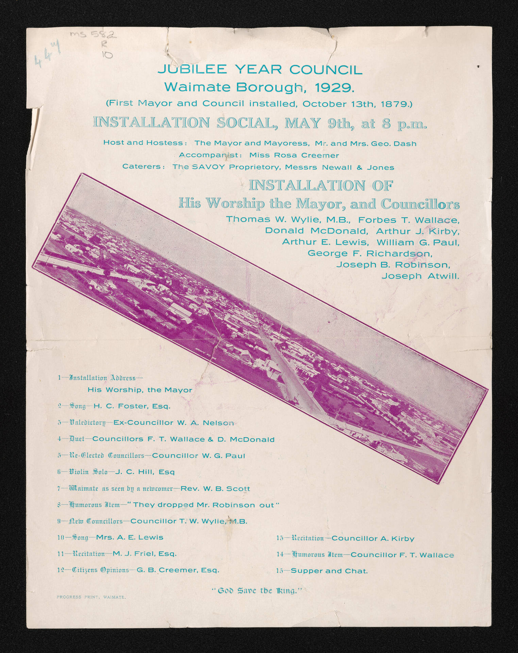 Flyer for the installation of His Worship the Mayor, and Councillors, Jubilee Year Council, Waimate Borough, 1929