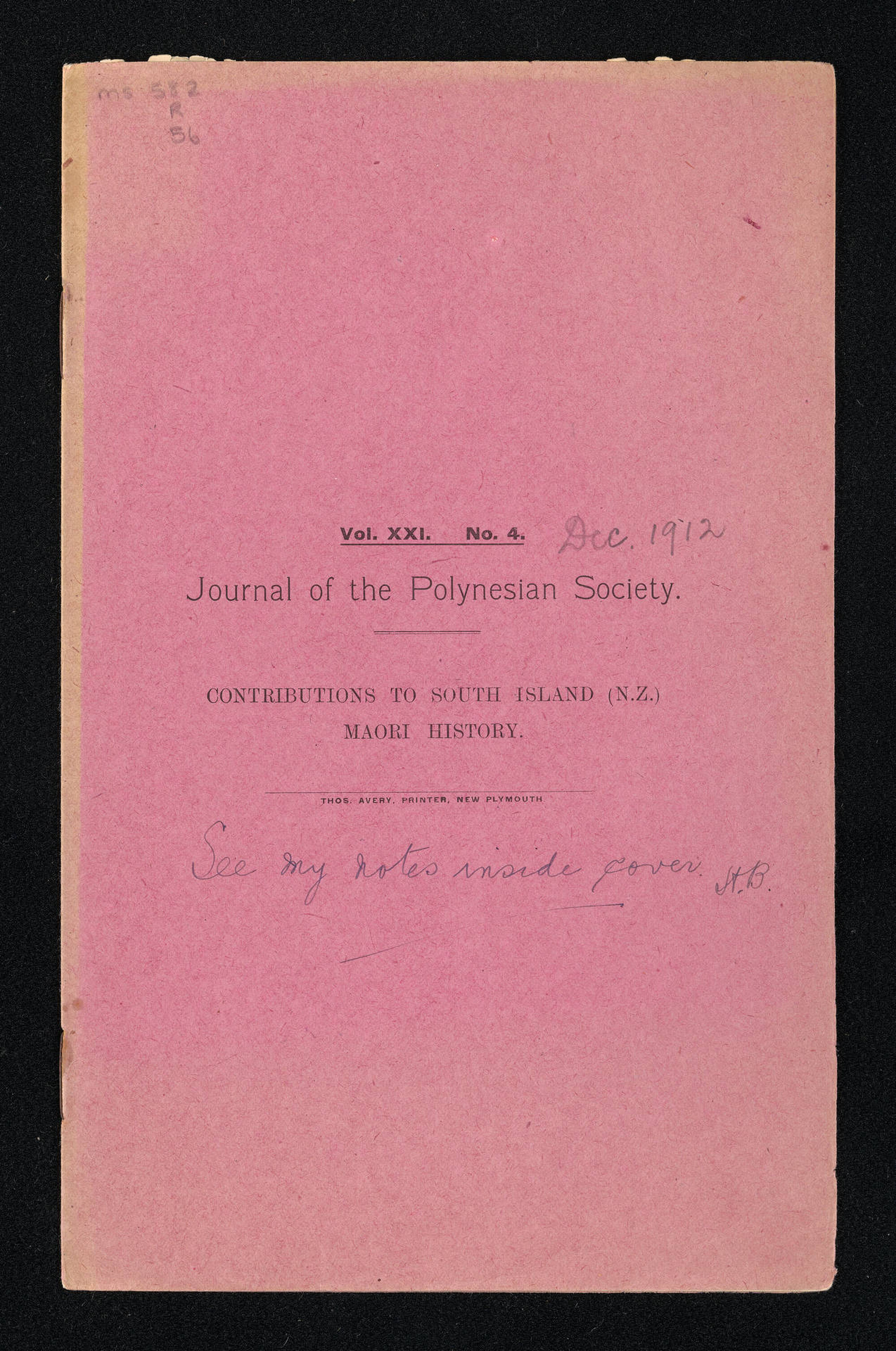 Annotated issue of 'Journal of the Polynesian Society', Vol XXI, No. 4