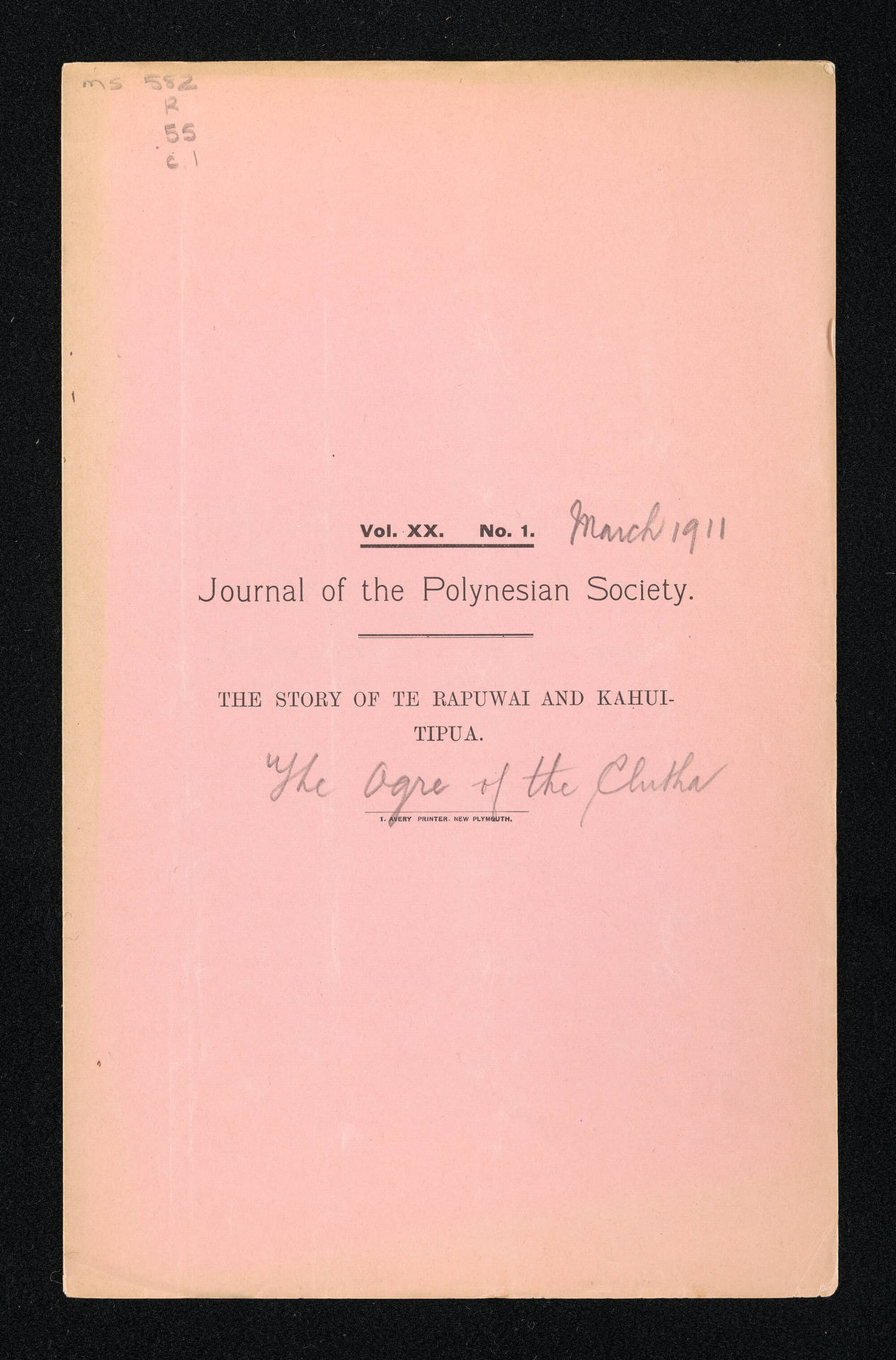 Annotated issue of 'Journal of the Polynesian Society', Vol XX, No. 1