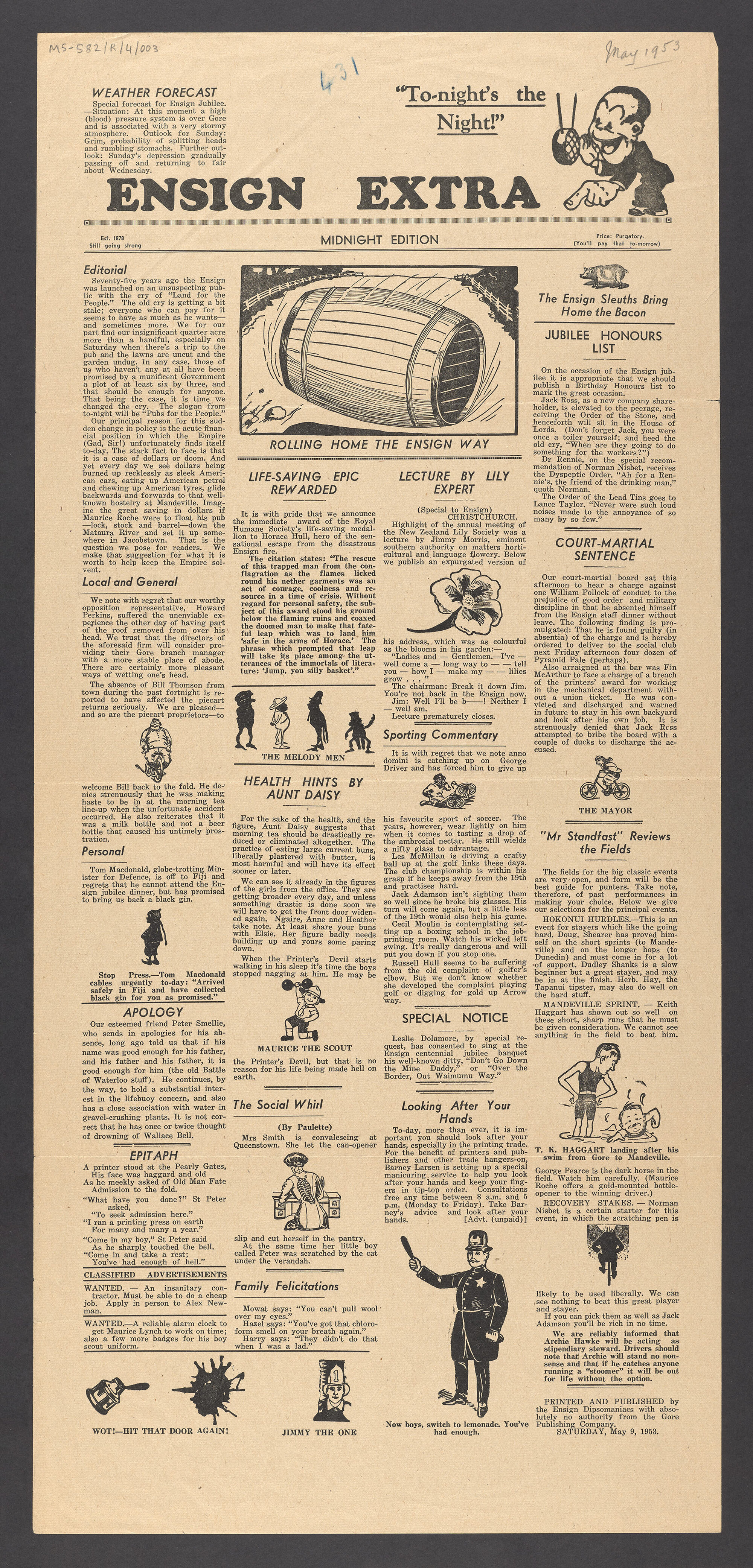 Spoof news bulletin, entitled 'Ensign extra', 9 May 1953