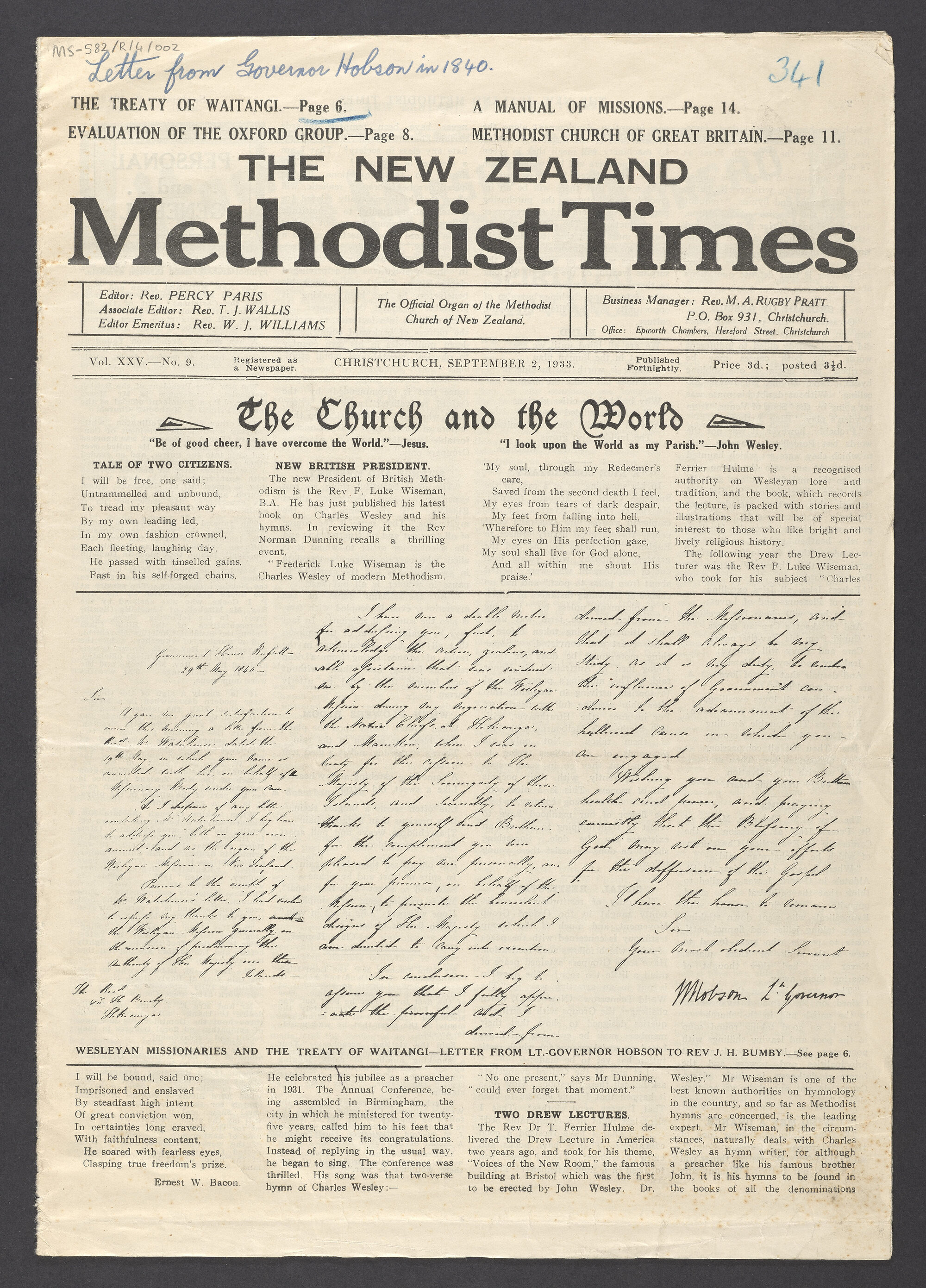 The New Zealand methodist times, Vol XXV, No.9, 2 September 1933