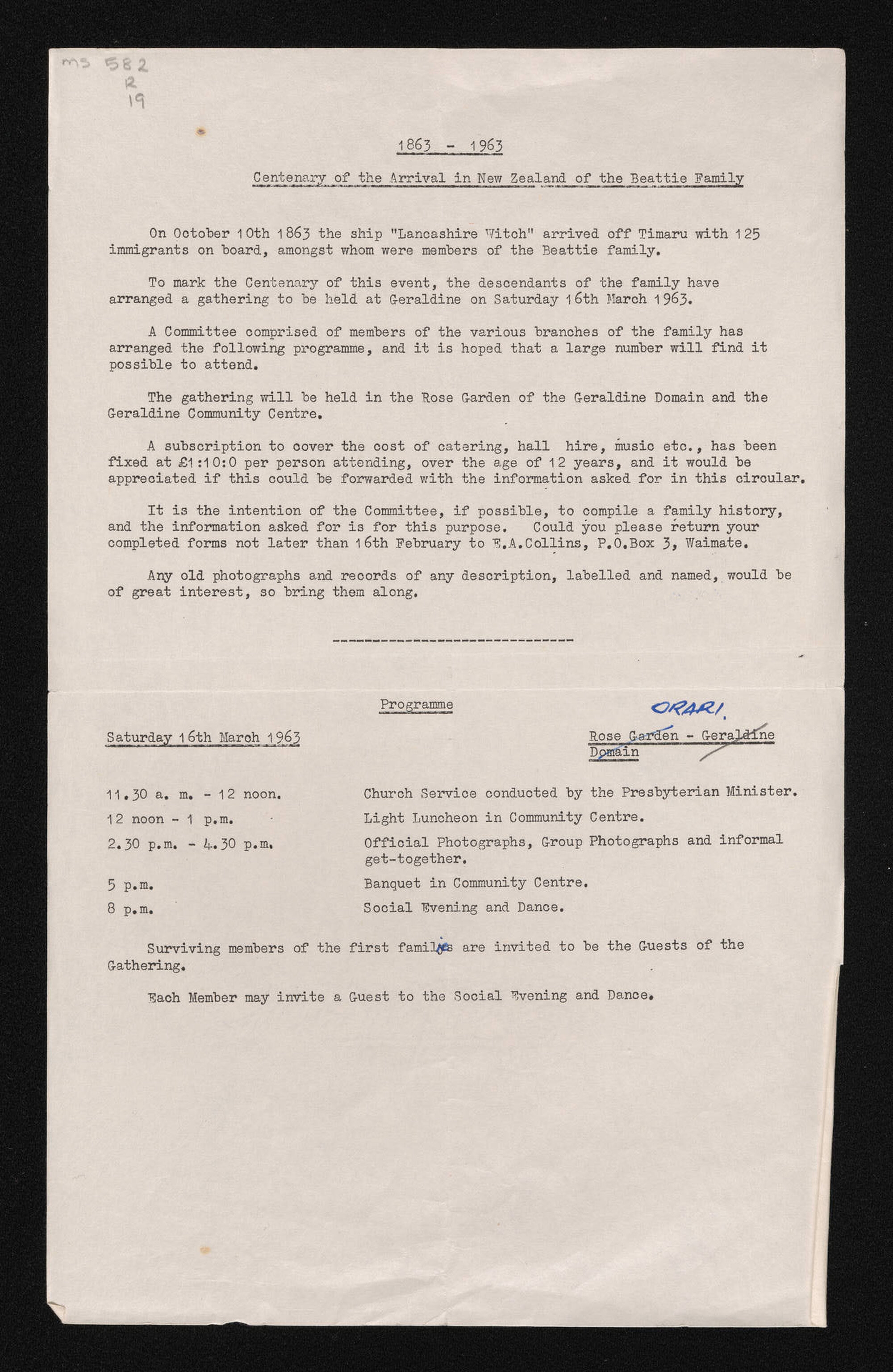 Programme entitled 'Centenary of the arrival in New Zealand of the Beattie Family'
